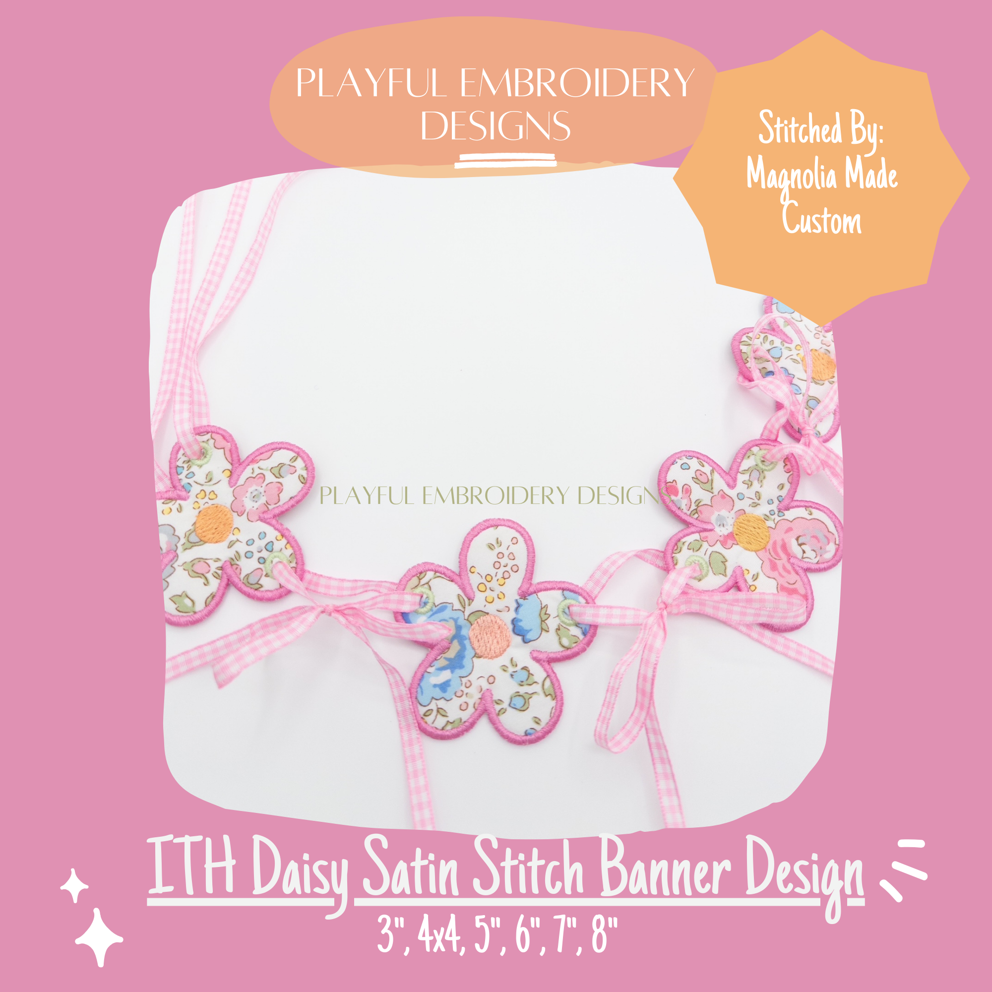 In The Hoop Daisy Banner Machine Embroidery Design, Satin Stitch Edge ITH Daisy Banner Design for Machine Embroidery