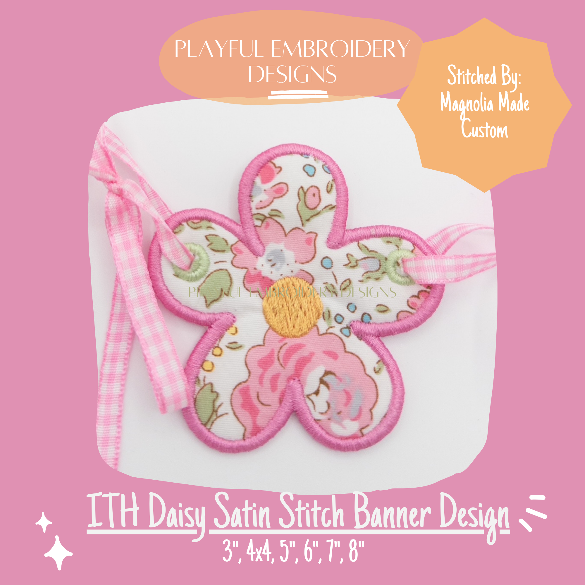 In The Hoop Daisy Banner Machine Embroidery Design, Satin Stitch Edge ITH Daisy Banner Design for Machine Embroidery