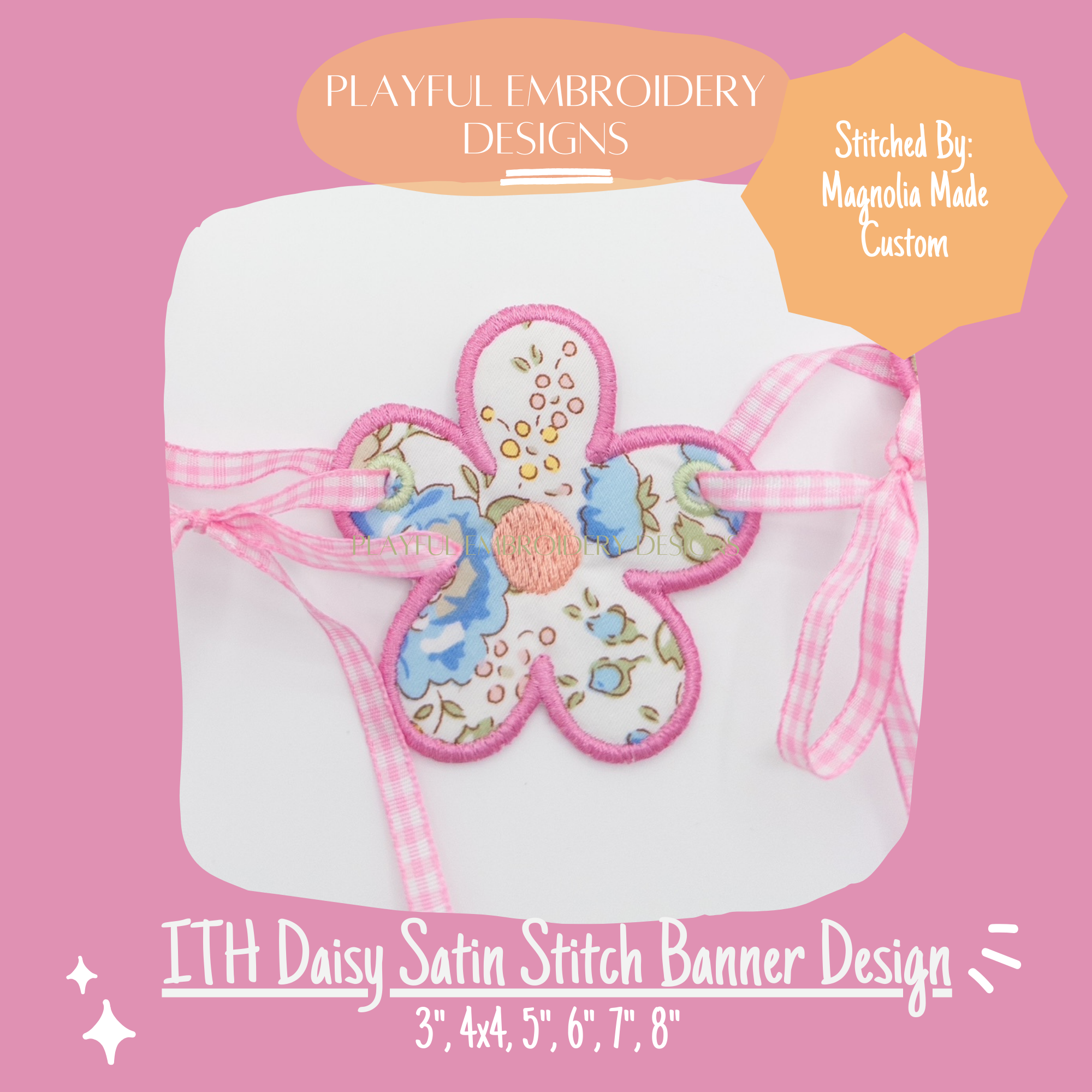 In The Hoop Daisy Banner Machine Embroidery Design, Satin Stitch Edge ITH Daisy Banner Design for Machine Embroidery