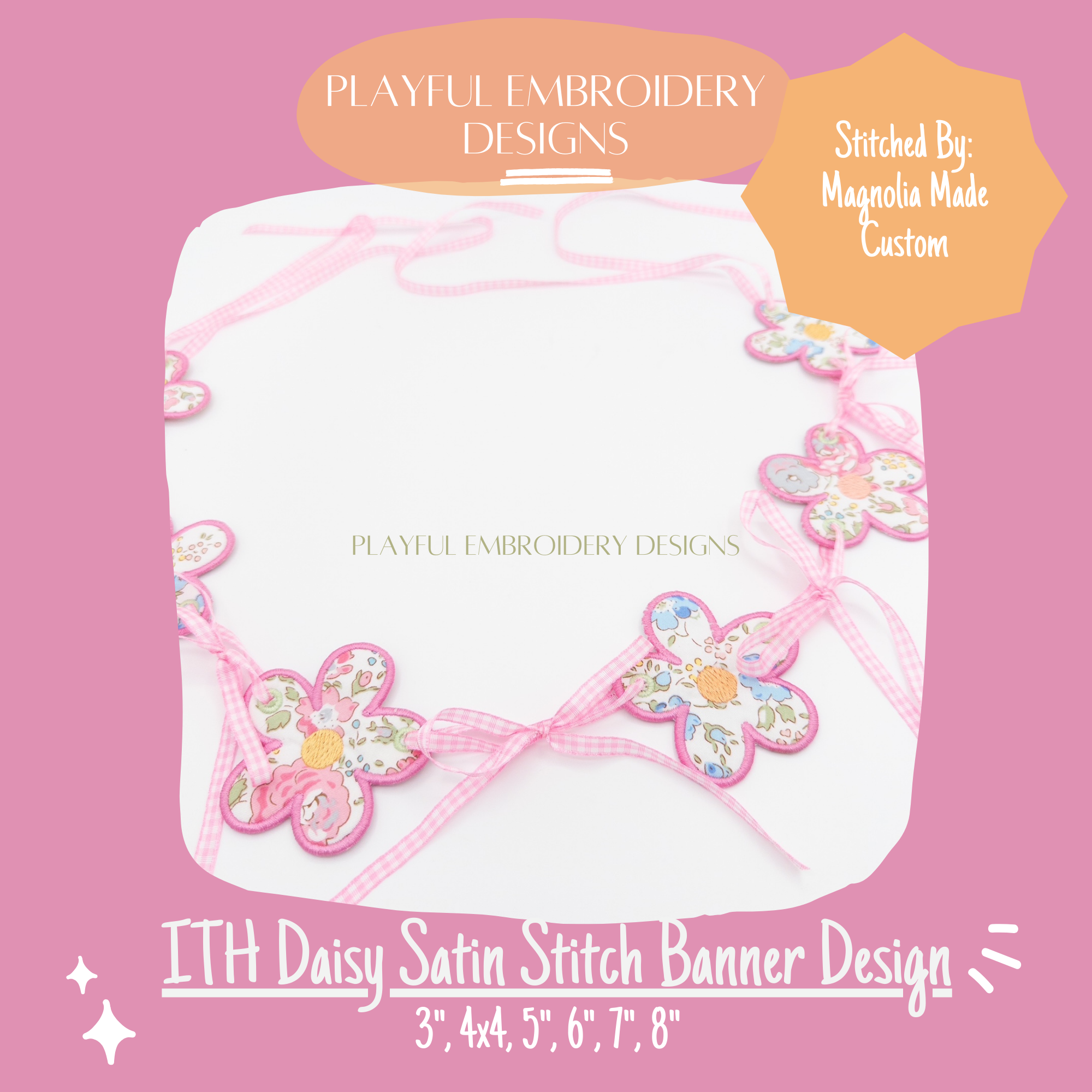 In The Hoop Daisy Banner Machine Embroidery Design, Satin Stitch Edge ITH Daisy Banner Design for Machine Embroidery