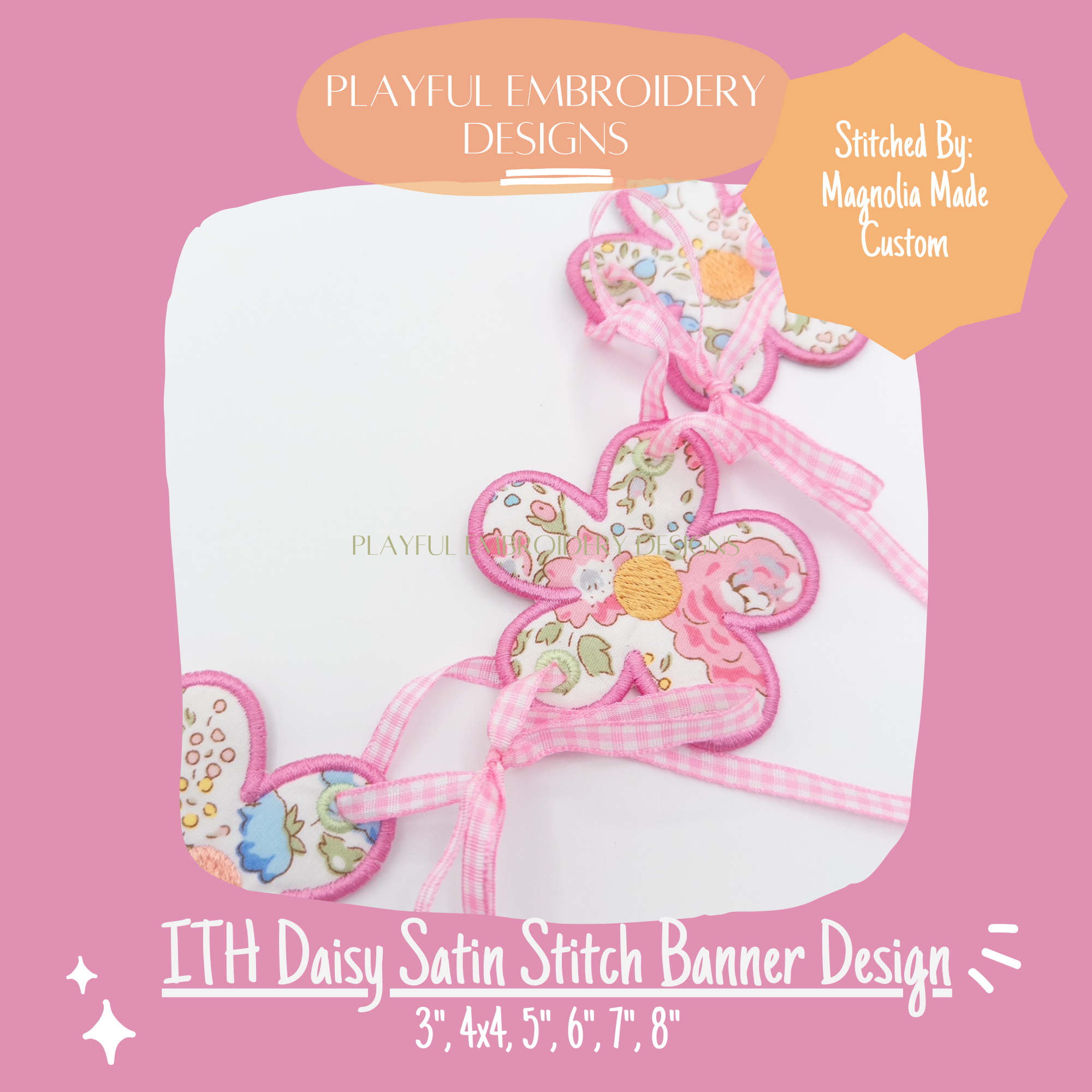 In The Hoop Daisy Banner Machine Embroidery Design, Satin Stitch Edge ITH Daisy Banner Design for Machine Embroidery