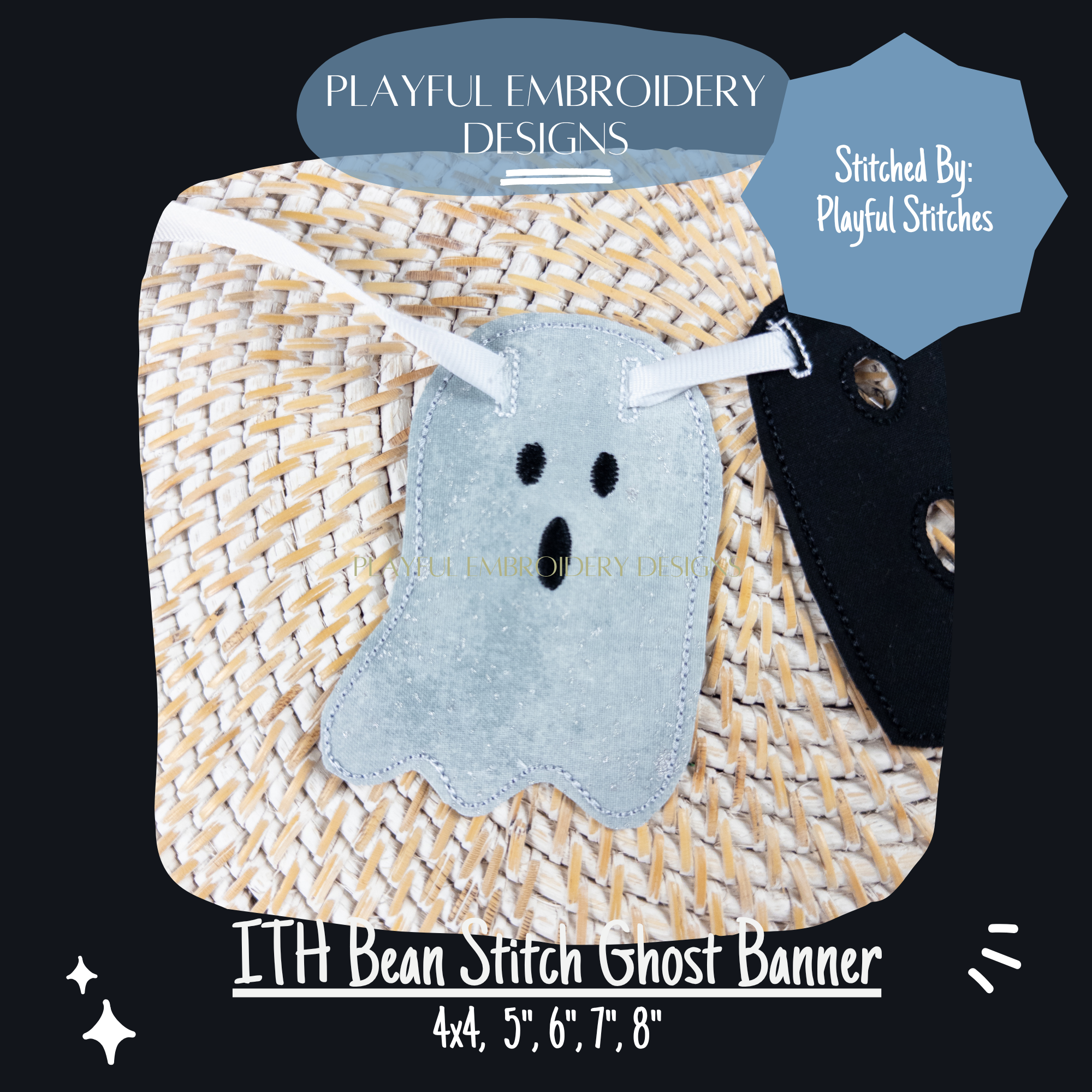 In The Hoop Ghost Banner Machine Embroidery Design, Easy ITH Ghost Banner Package, Bean Stitch ITH Ghost Banner
