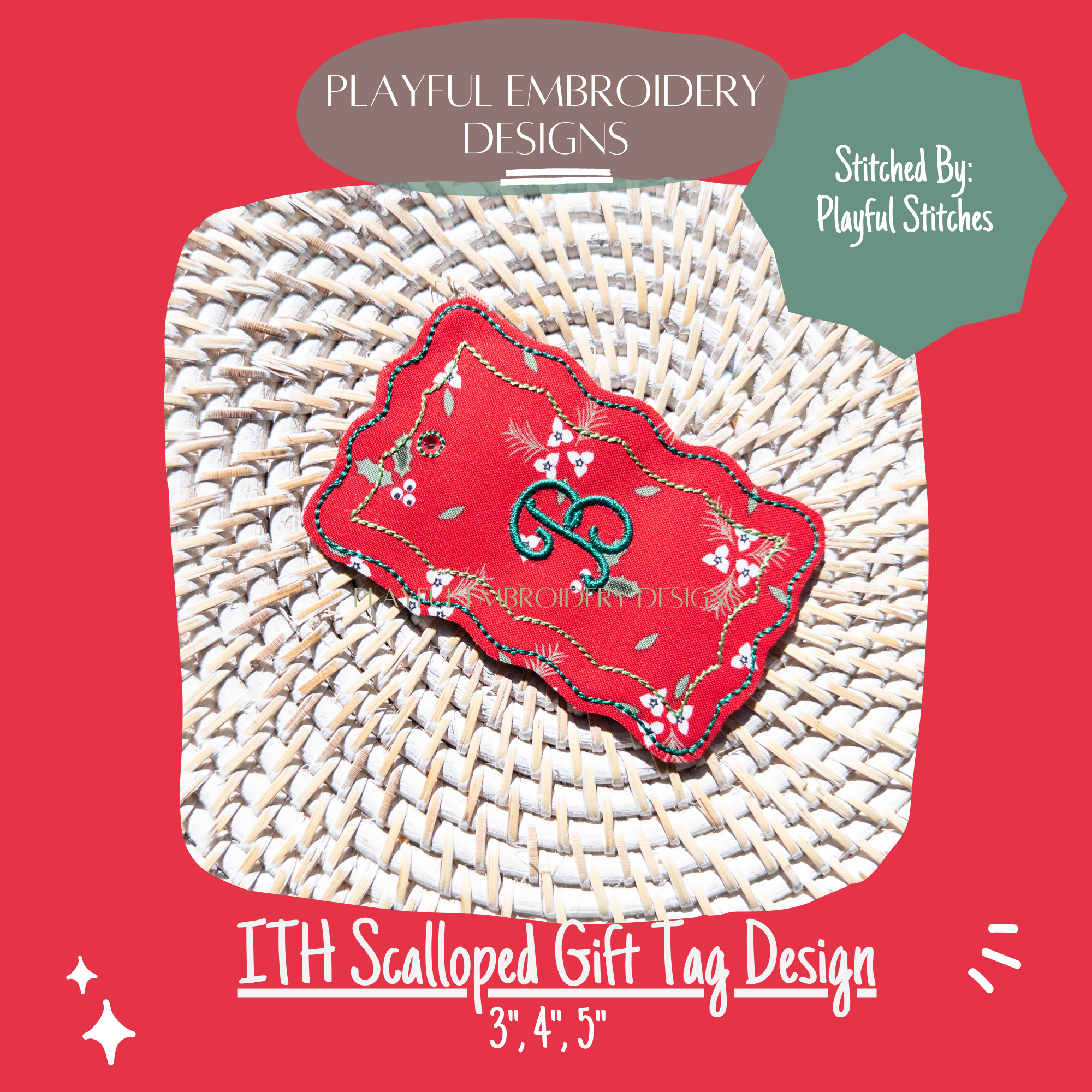 In The Hoop Scalloped Tag Machine Embroidery Design, Simple ITH Tag, Scalloped Gift Tag, 4x4, 5x7 hoop, Digital Download