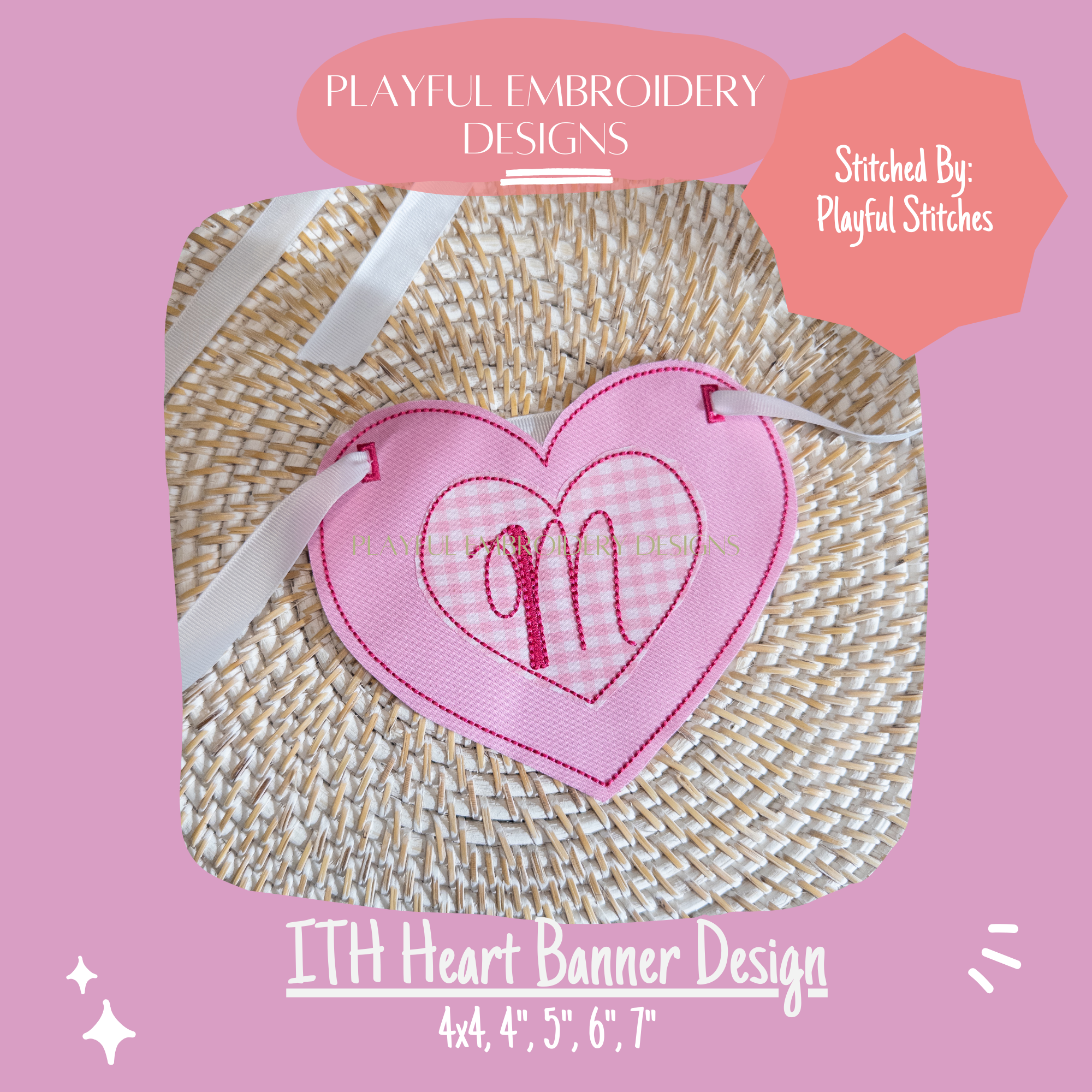 In The Hoop Heart Banner Machine Embroidery Design, Bean Stitch ITH Double Heart Banner Design, Valentine Embroidery Design