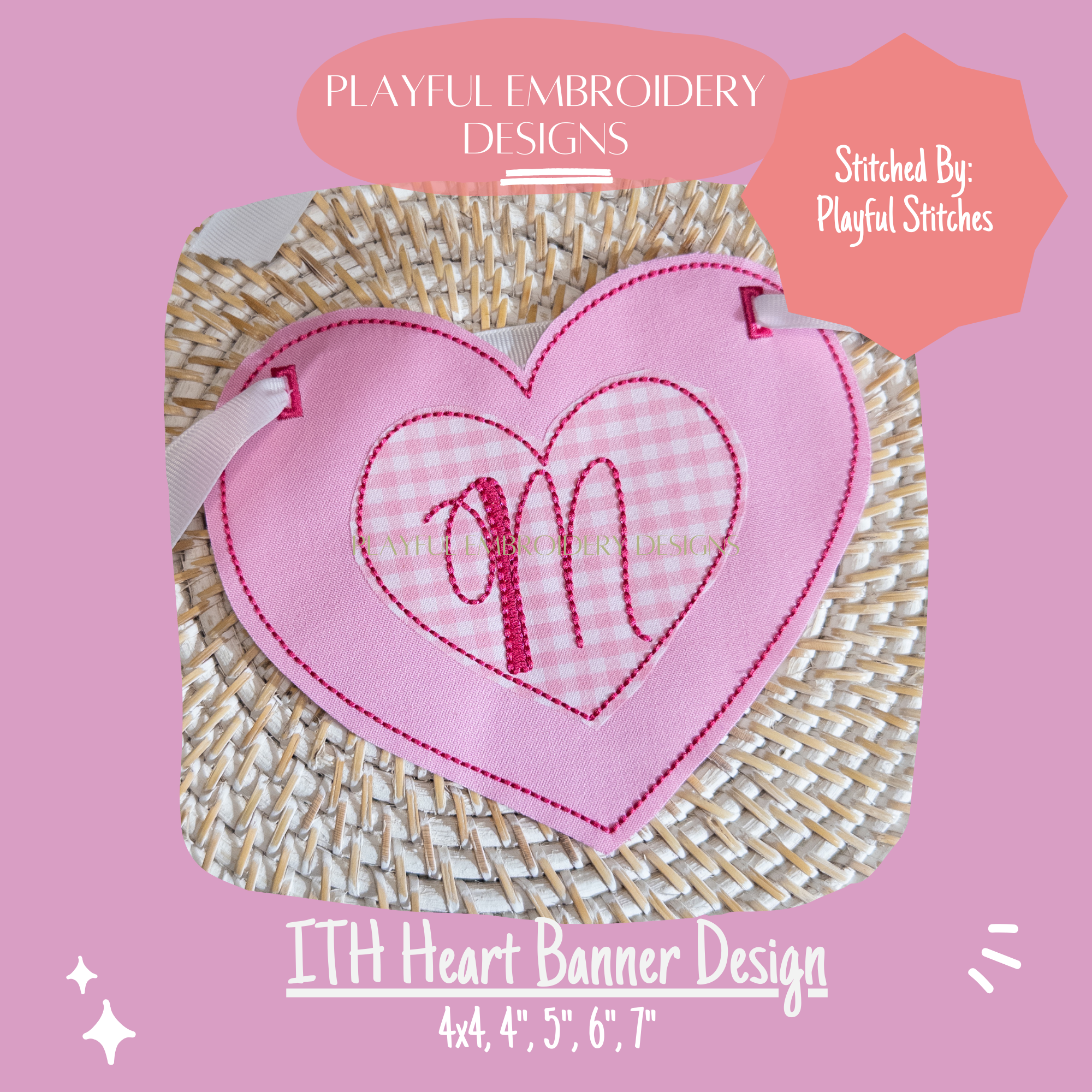 In The Hoop Heart Banner Machine Embroidery Design, Bean Stitch ITH Double Heart Banner Design, Valentine Embroidery Design