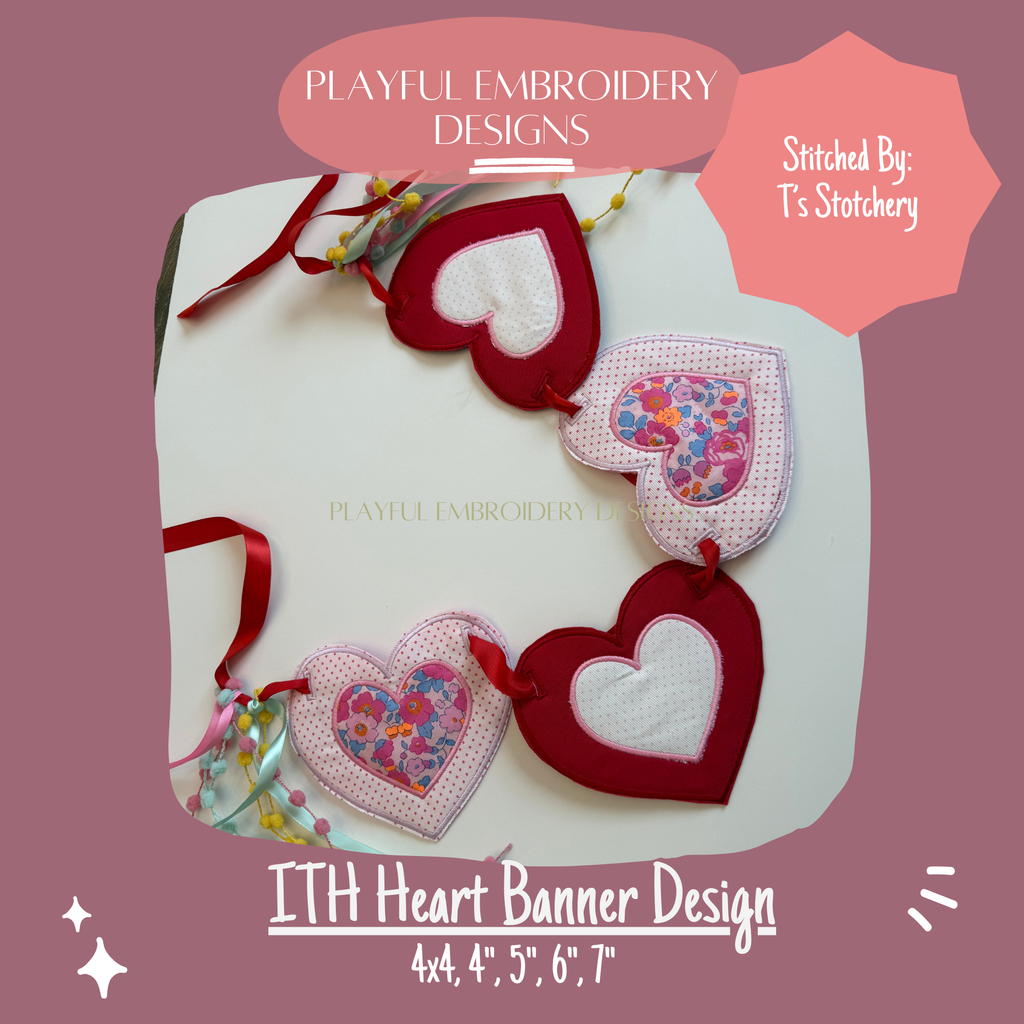 In The Hoop Heart Banner Machine Embroidery Design, ITH Double Applique Heart Banner Design, Valentine Banner, Valentine Embroidery Design
