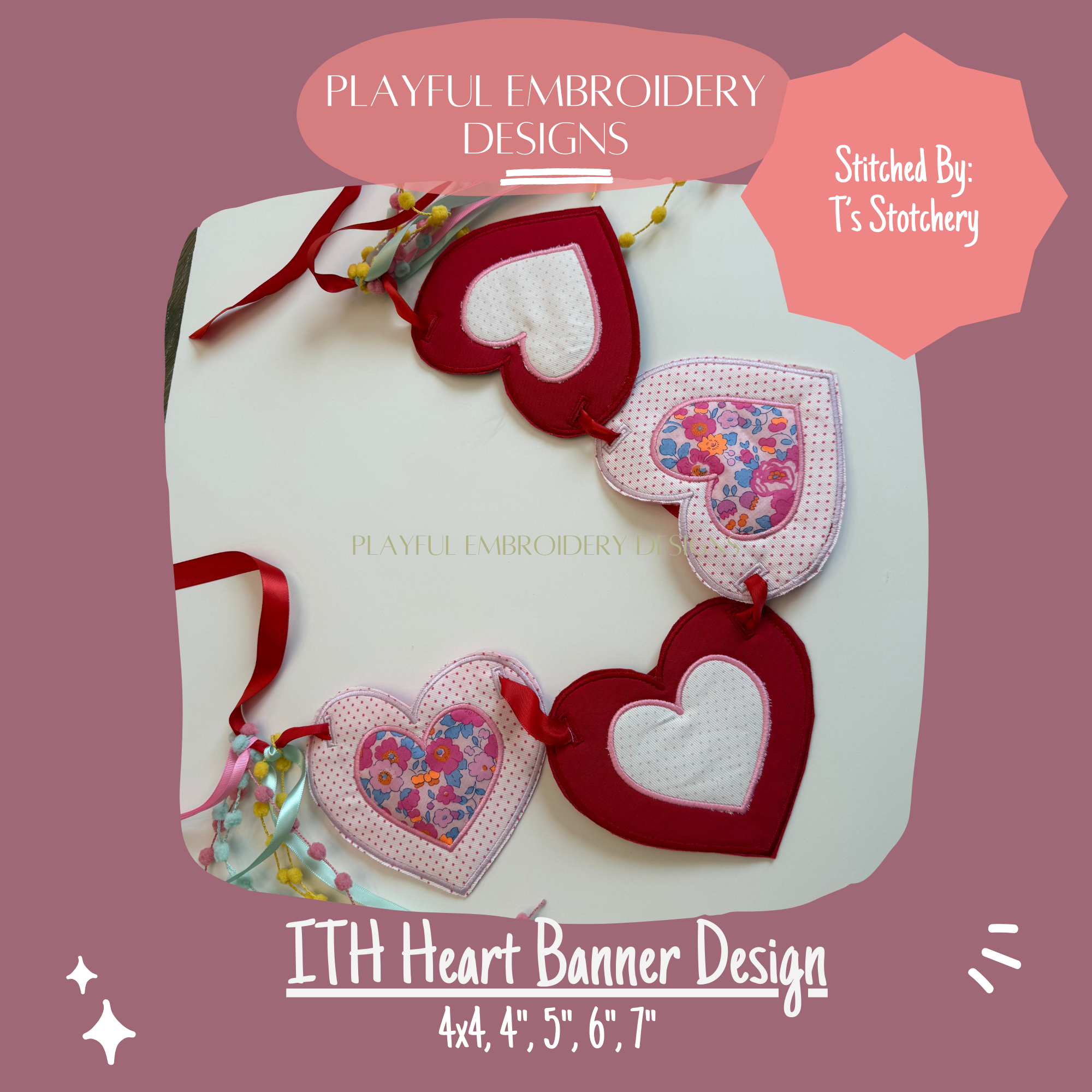 In The Hoop Heart Banner Machine Embroidery Design, ITH Double Applique Heart Banner Design, Valentine Banner, Valentine Embroidery Design