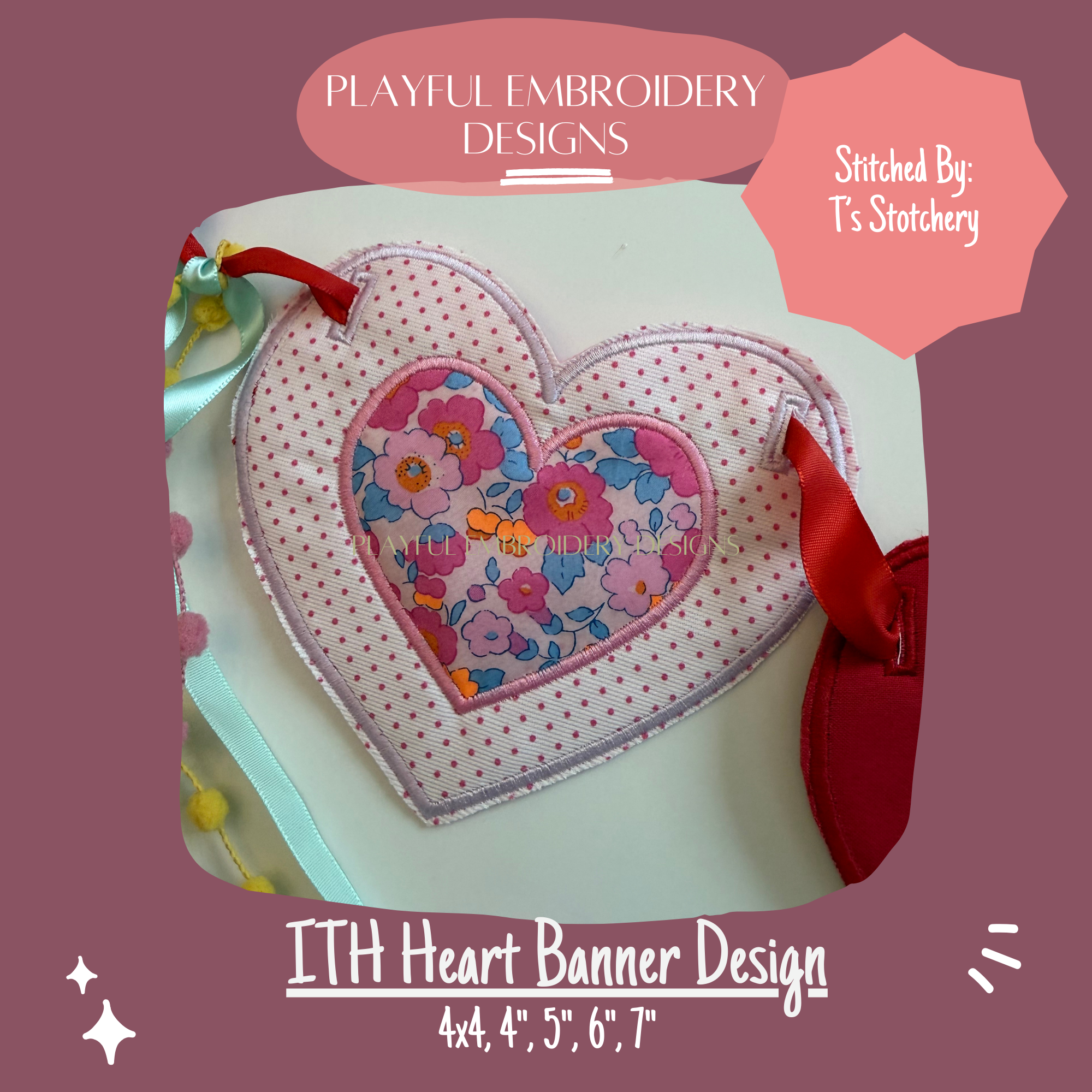 In The Hoop Heart Banner Machine Embroidery Design, ITH Double Applique Heart Banner Design, Valentine Banner, Valentine Embroidery Design