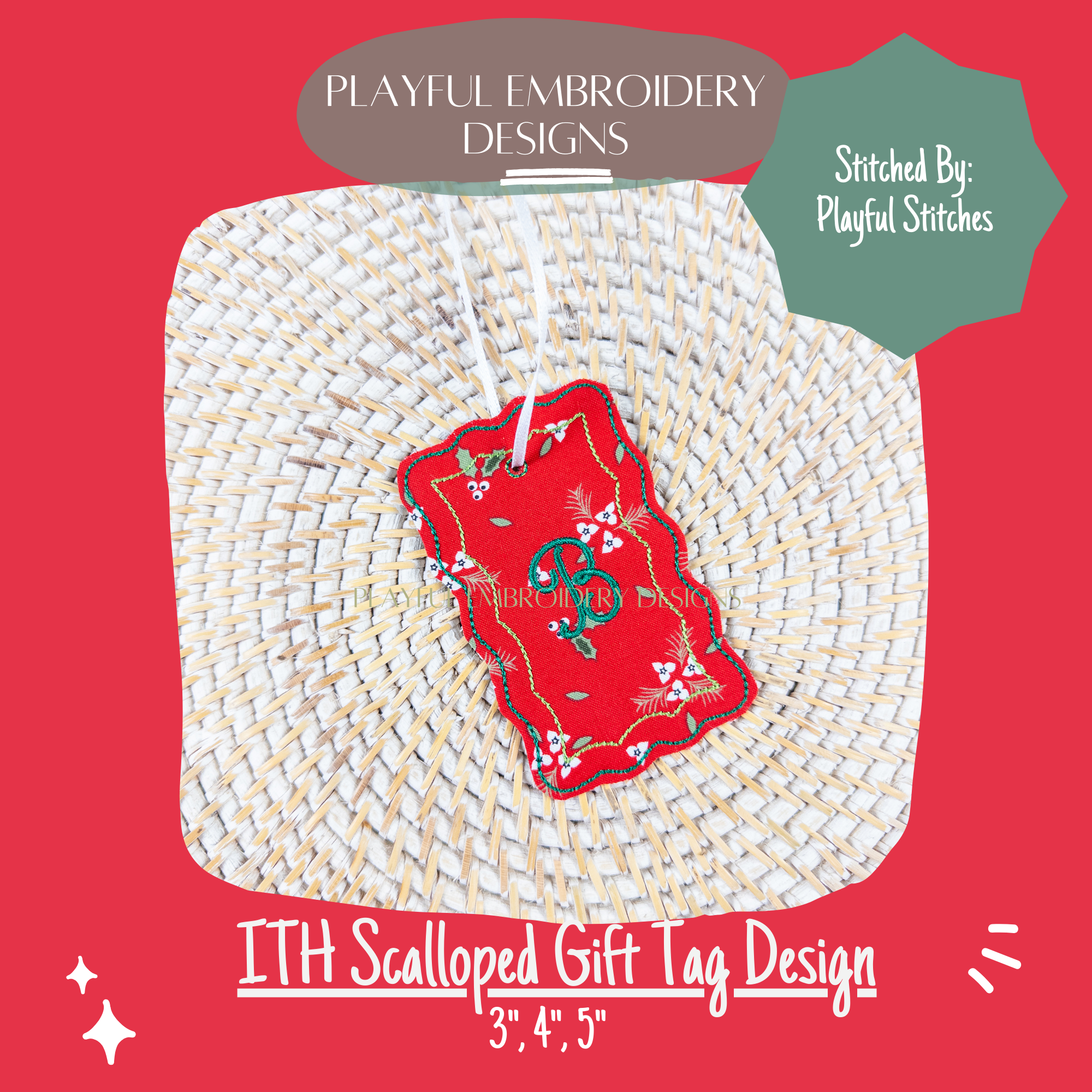 In The Hoop Scalloped Tag Machine Embroidery Design, Simple ITH Tag, Scalloped Gift Tag, 4x4, 5x7 hoop, Digital Download