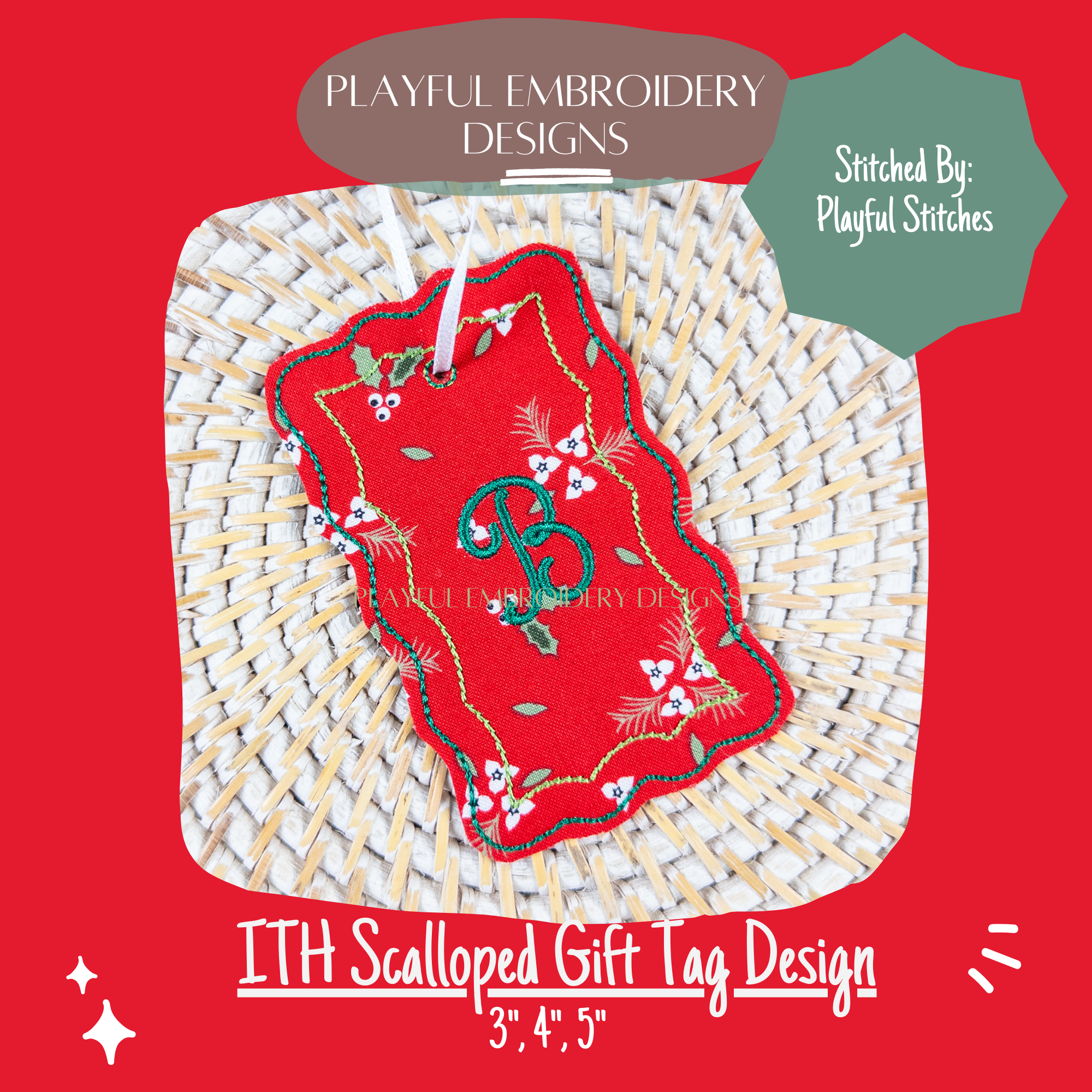 In The Hoop Scalloped Tag Machine Embroidery Design, Simple ITH Tag, Scalloped Gift Tag, 4x4, 5x7 hoop, Digital Download