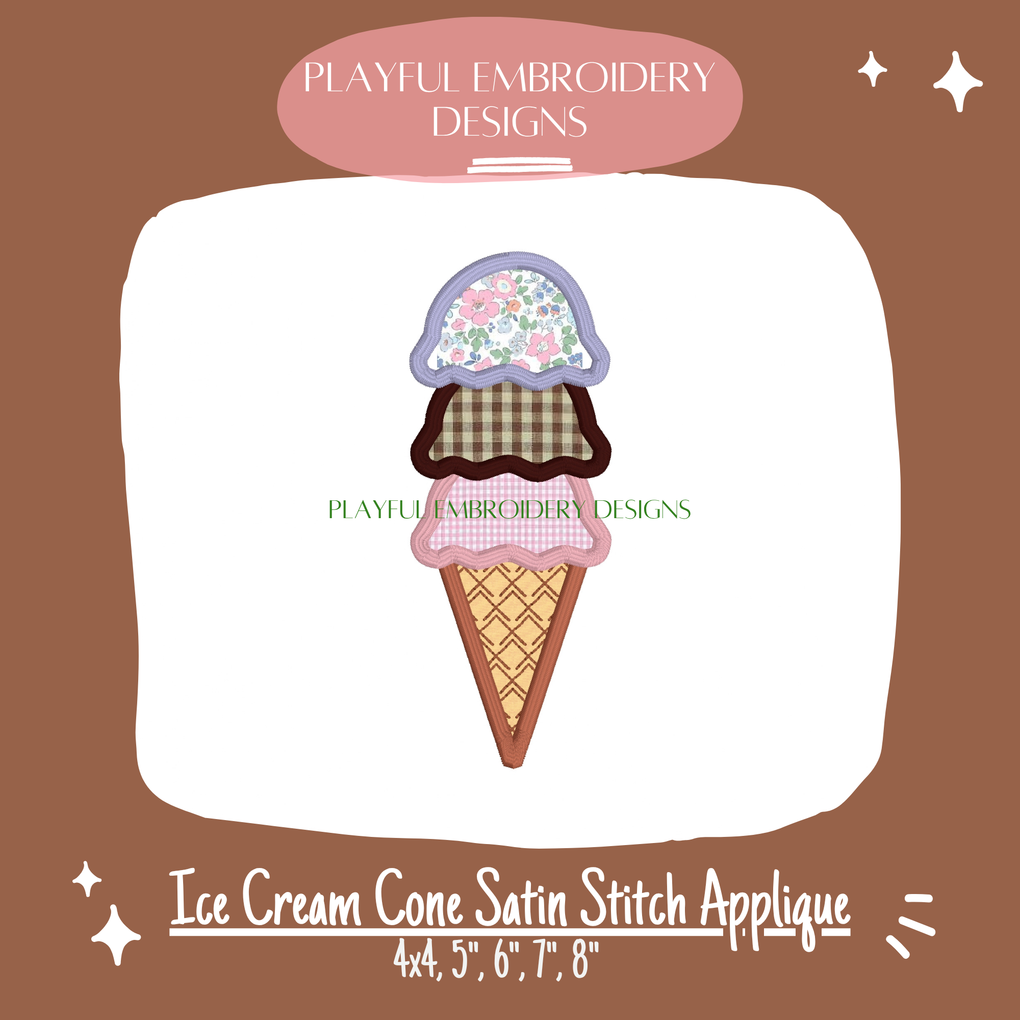 Triple Ice Cream Cone Satin Stitch Applique Machine Embroidery Design (Digital Download)