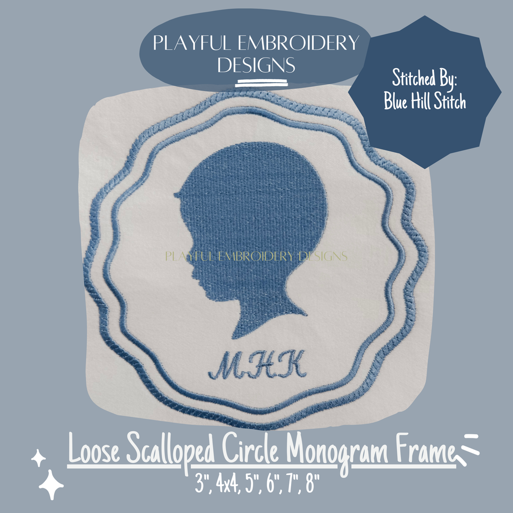 Scalloped Satin Stitch Monogram Frame, Loose Scallop Circle Monogram Frame Design, Satin Stitch Monogram Frame Machine Embroidery Design