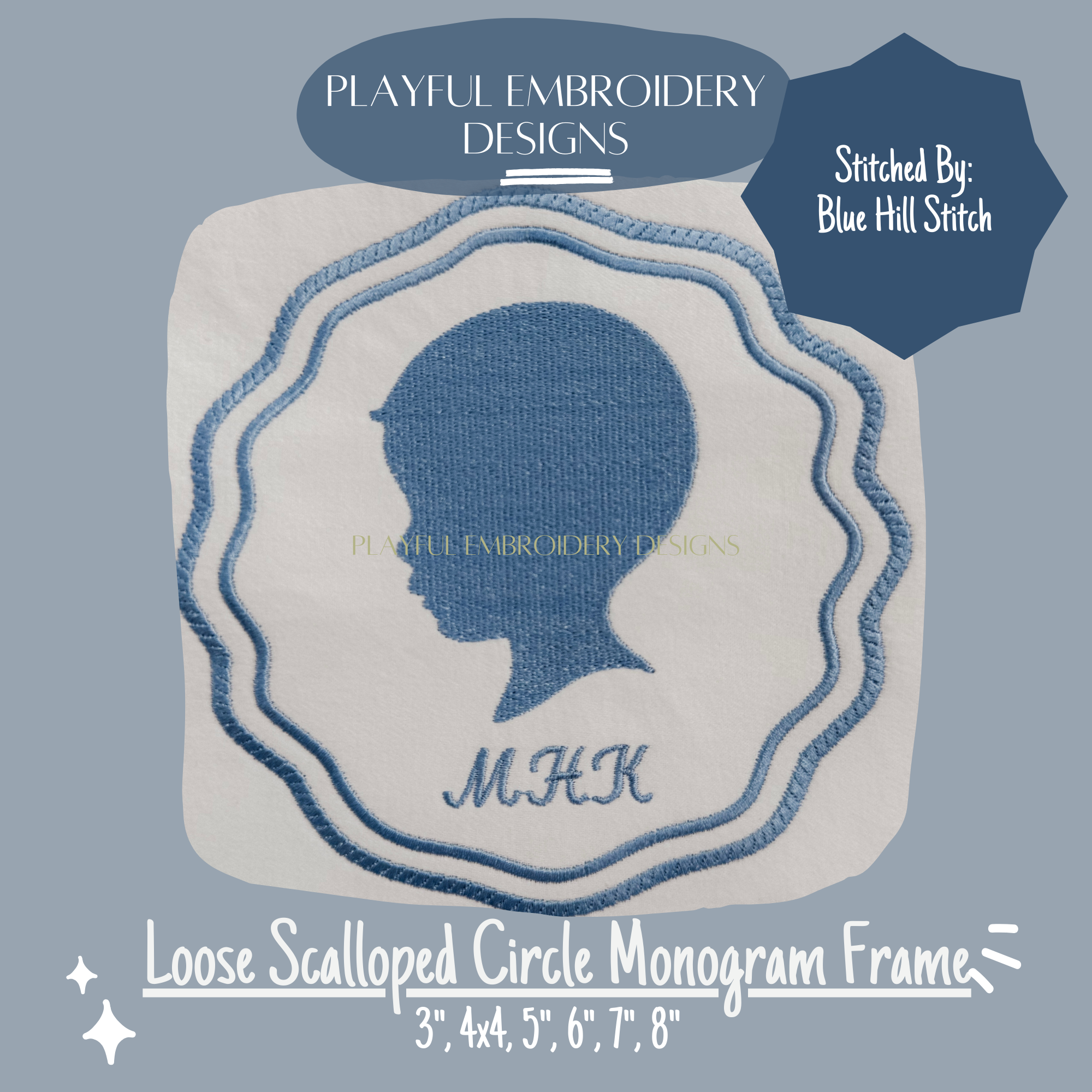 Scalloped Satin Stitch Monogram Frame, Loose Scallop Circle Monogram Frame Design, Satin Stitch Monogram Frame Machine Embroidery Design
