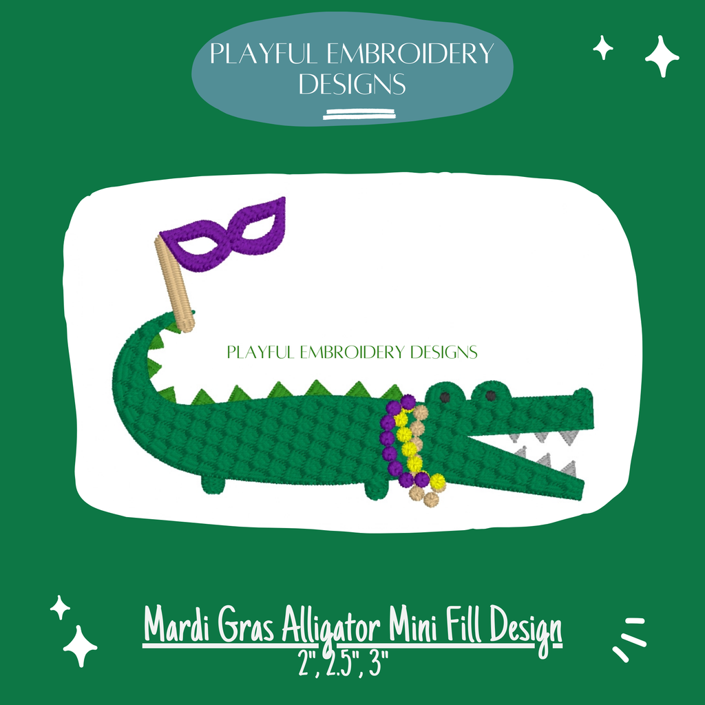 Mardi Gras Alligator Mini Machine Embroidery Design, Mardi Gras Alligator Embroidery Design (Digital Download)