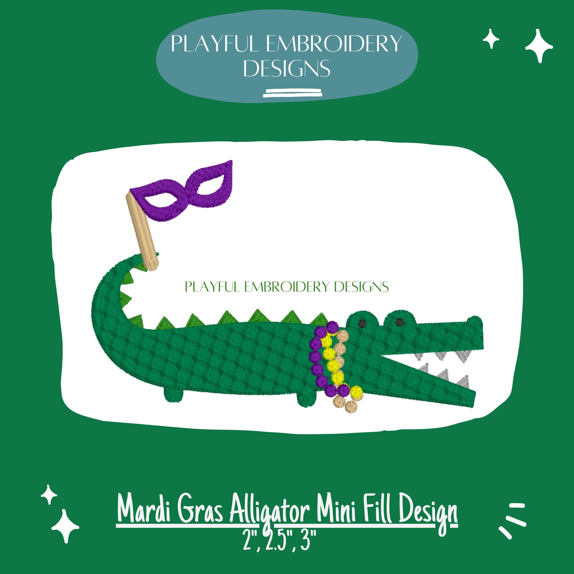 Mardi Gras Alligator Mini Machine Embroidery Design, Mardi Gras Alligator Embroidery Design (Digital Download)