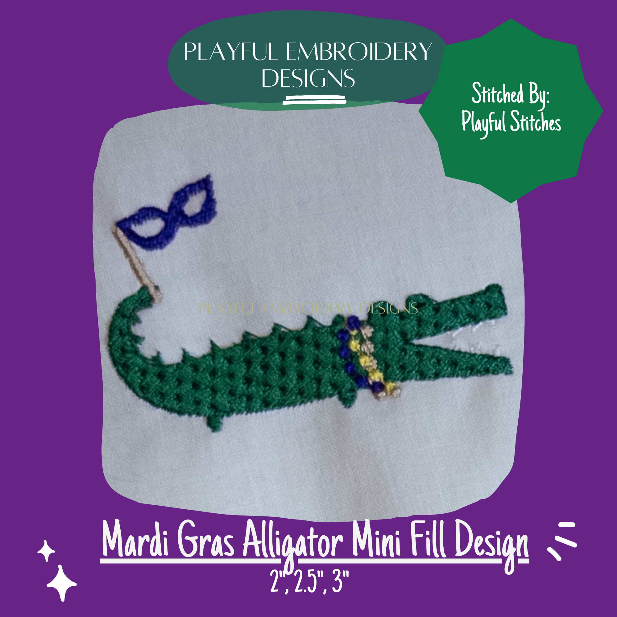 Mardi Gras Alligator Mini Machine Embroidery Design, Mardi Gras Alligator Embroidery Design (Digital Download)