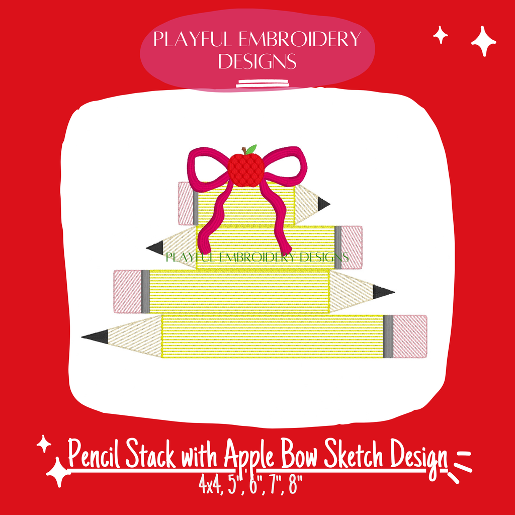 Pencil Stack with Apple Bow Sketch Embroidery Design for Back to School (Digital File)