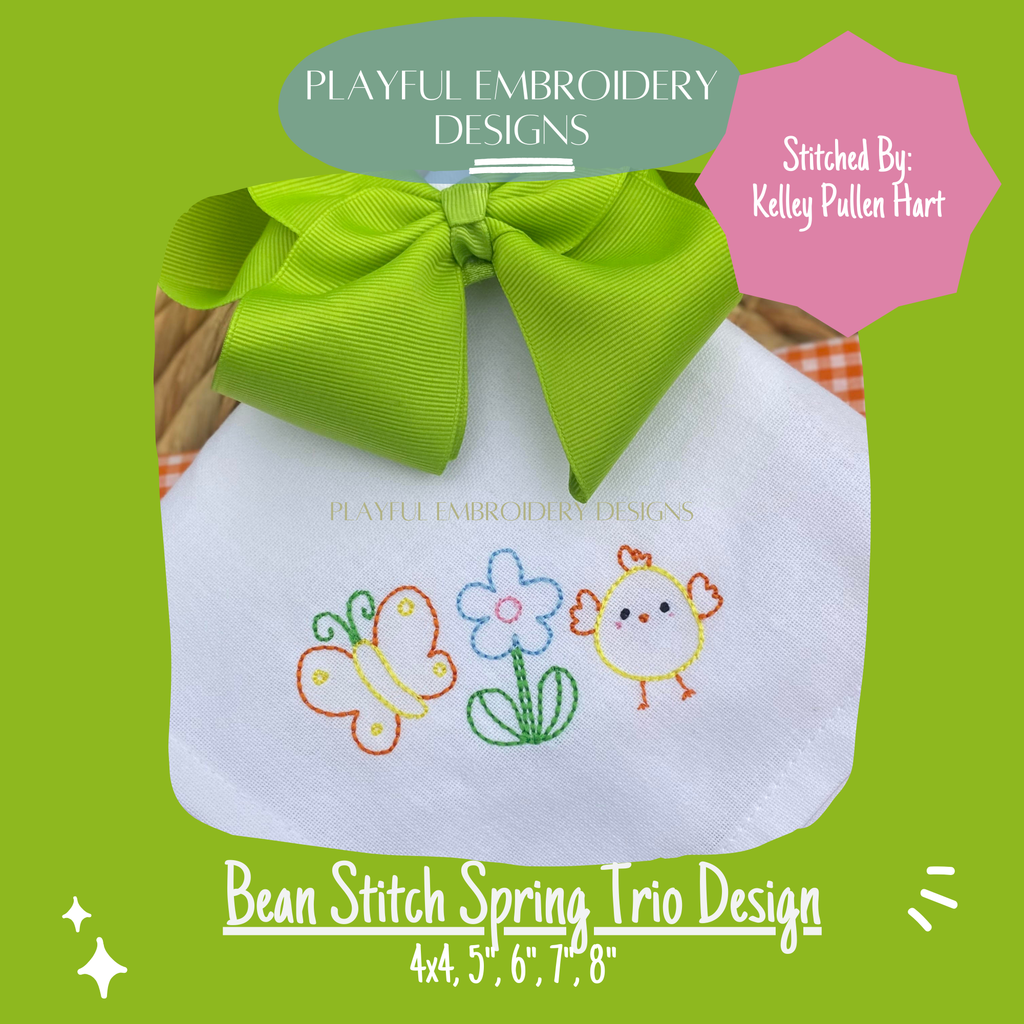Butterfly Flower and Chick Bean Stitch Trio Design for Machine Embroidery (Digital Download)