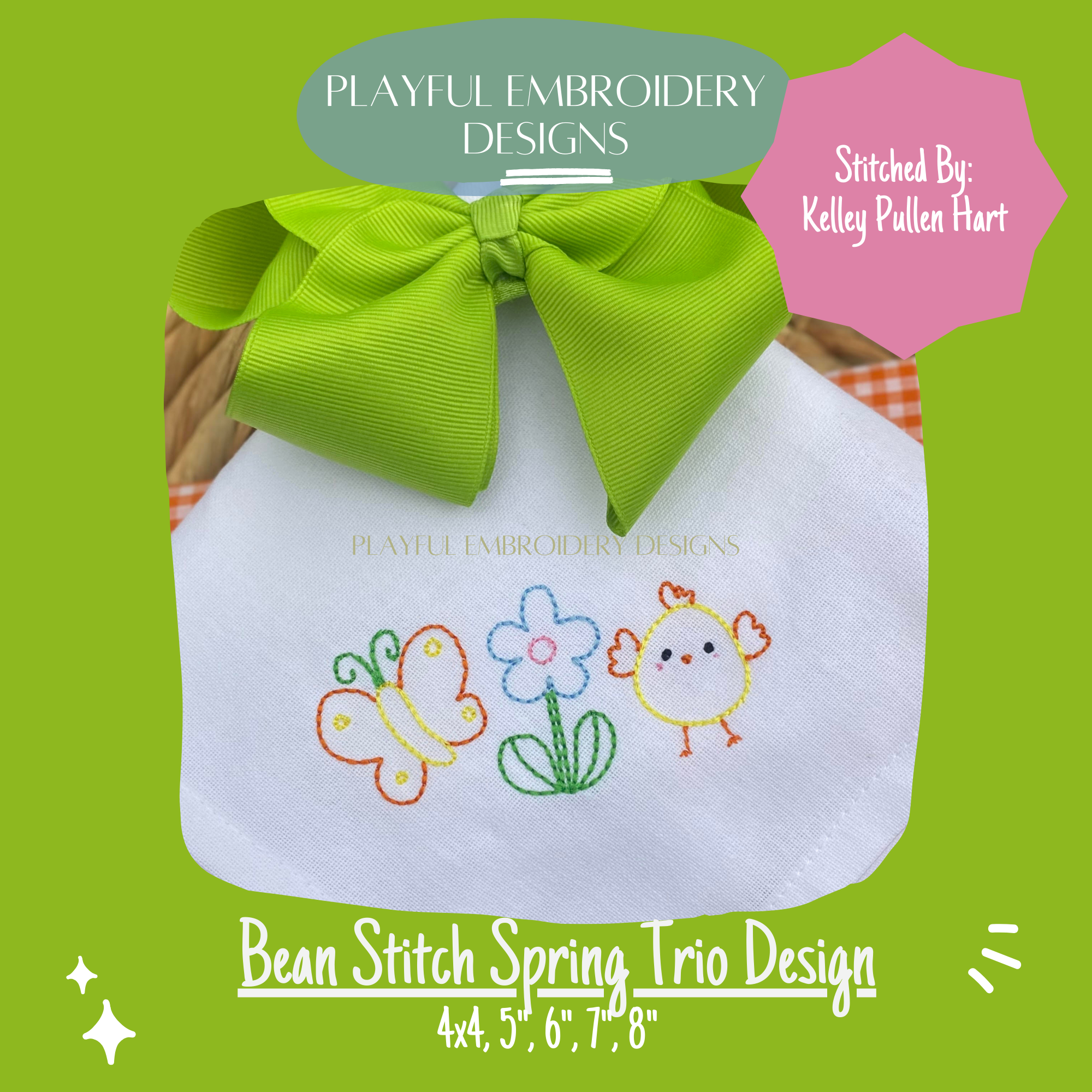 Butterfly Flower and Chick Bean Stitch Trio Design for Machine Embroidery (Digital Download)