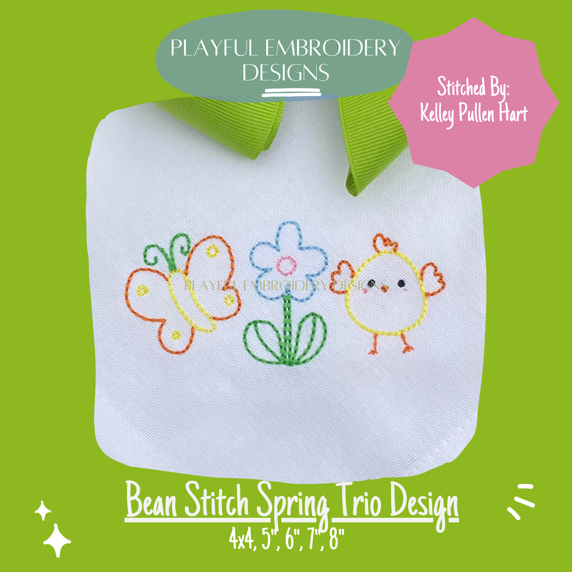 Butterfly Flower and Chick Bean Stitch Trio Design for Machine Embroidery (Digital Download)