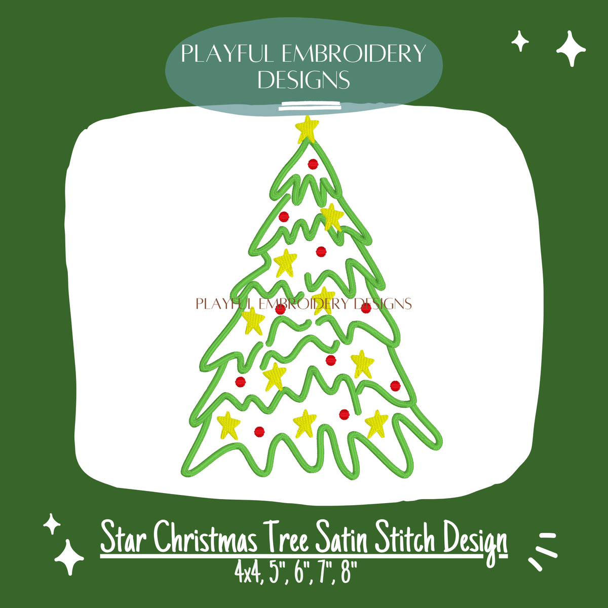 Whimsical Satin Stitch Star Christmas Tree Machine Embroidery Design (Digital File)