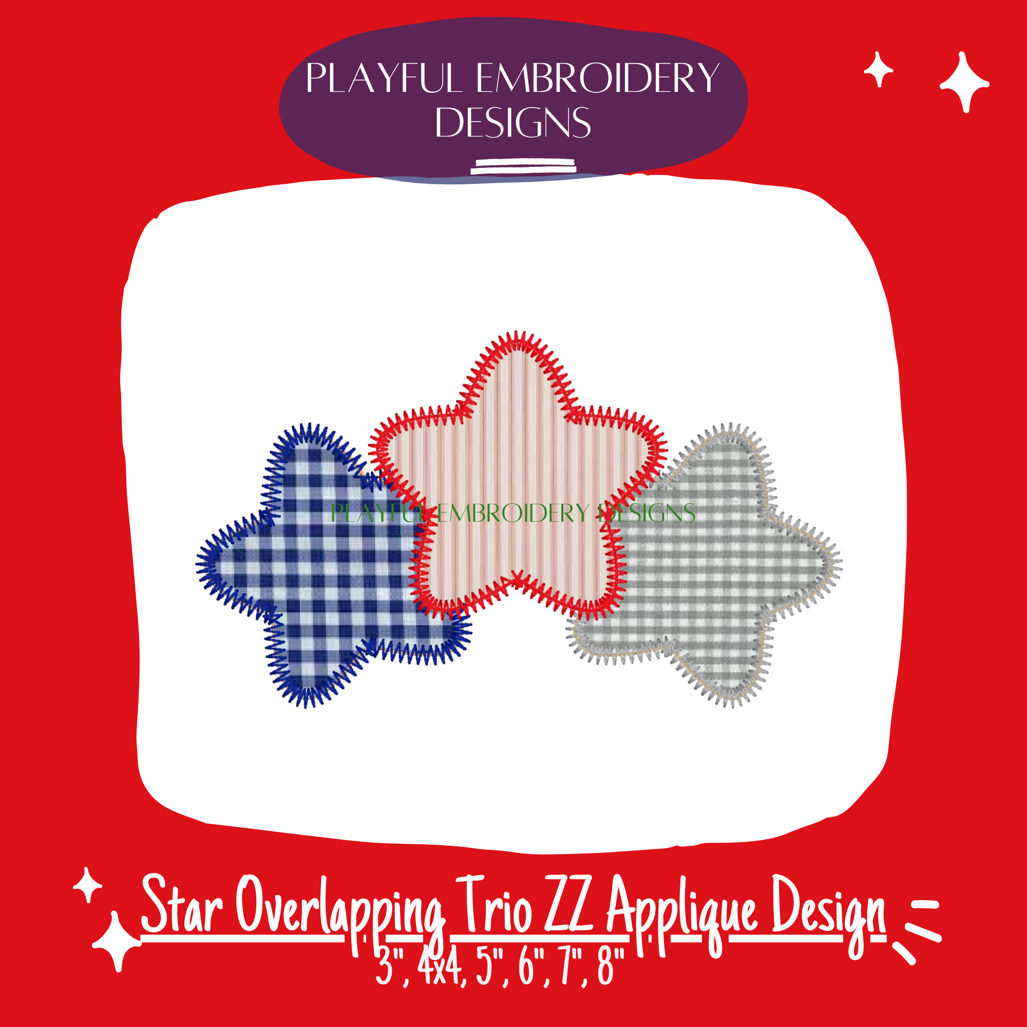 Overlapping Star Trio Zig Zag Applique Machine Embroidery Design (Digital Download)