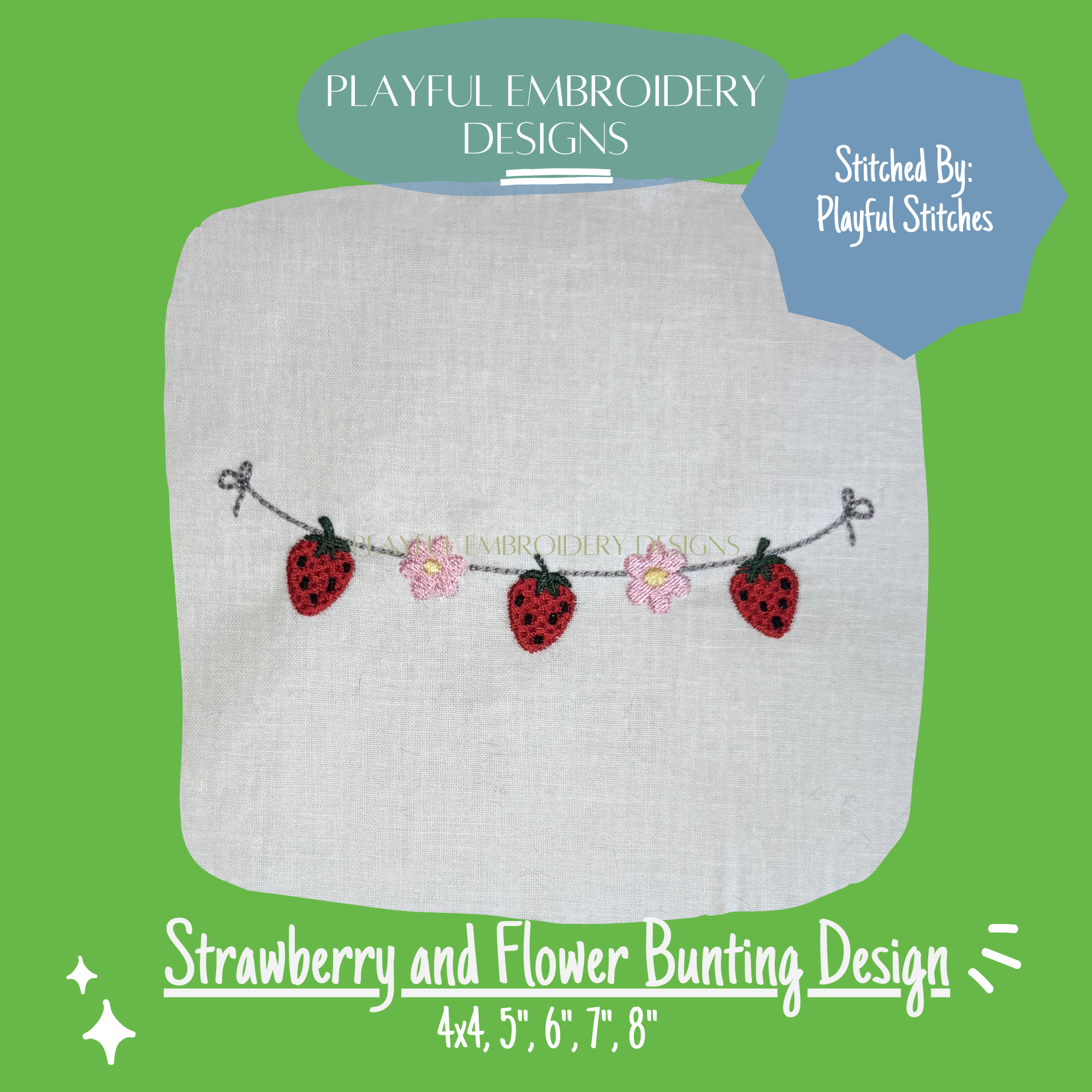 Strawberry and Flower Bunting Design for Machine Embroidery (Digital Download)