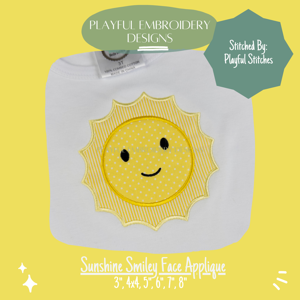 Smiley Sunshine Satin Stitch Applique Machine Embroidery Design (Digital Download)