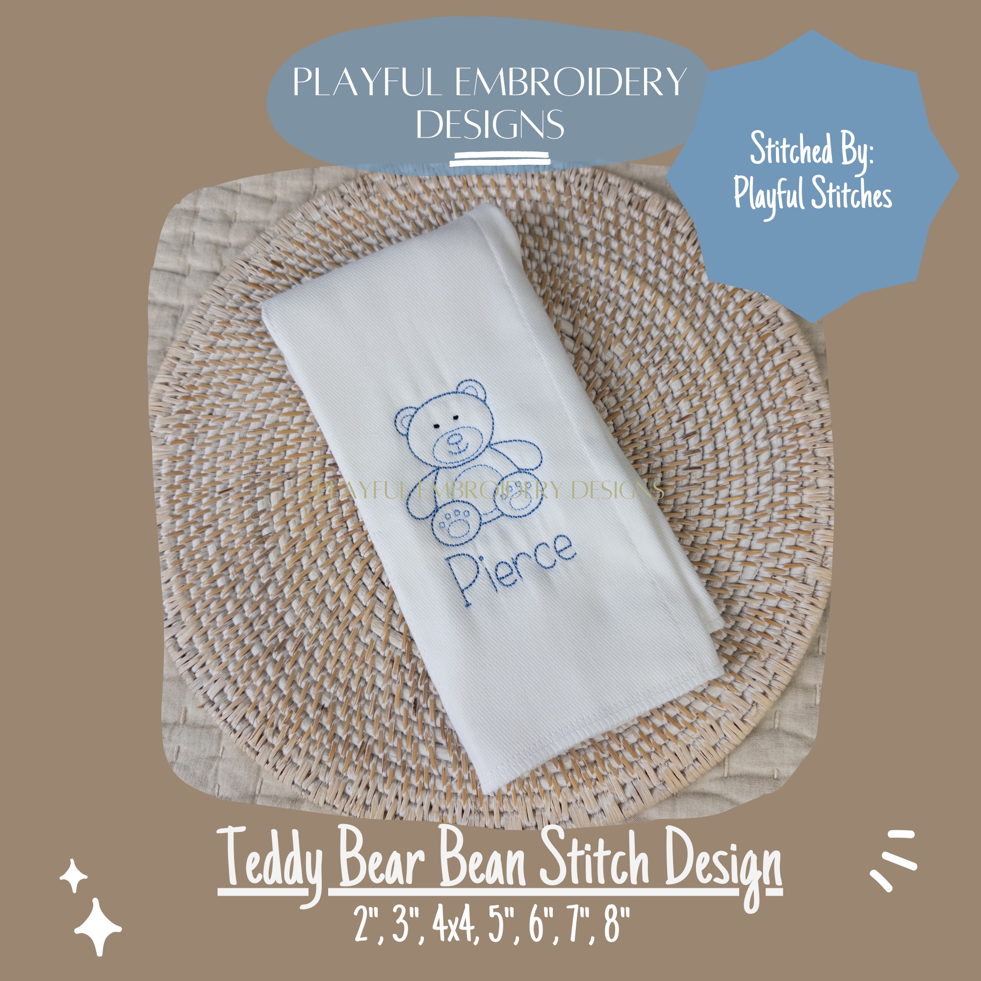 Teddy Bear Bean Stitch design for Machine Embroidery (Digital File)