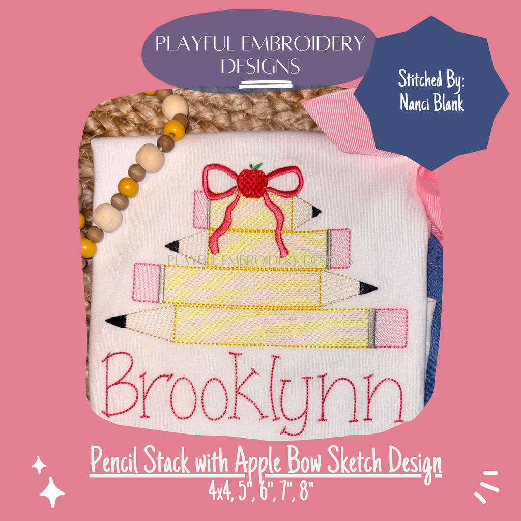 Pencil Stack with Apple Bow Sketch Embroidery Design for Back to School (Digital File)