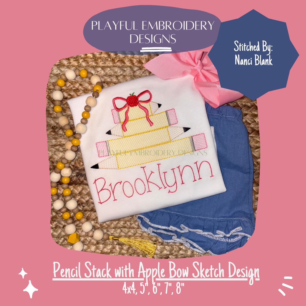 Pencil Stack with Apple Bow Sketch Embroidery Design for Back to School (Digital File)
