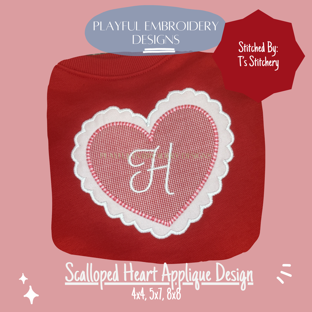 Scalloped Heart Satin Stitch Applique Design, Valentine's Applique Machine Embroidery Design