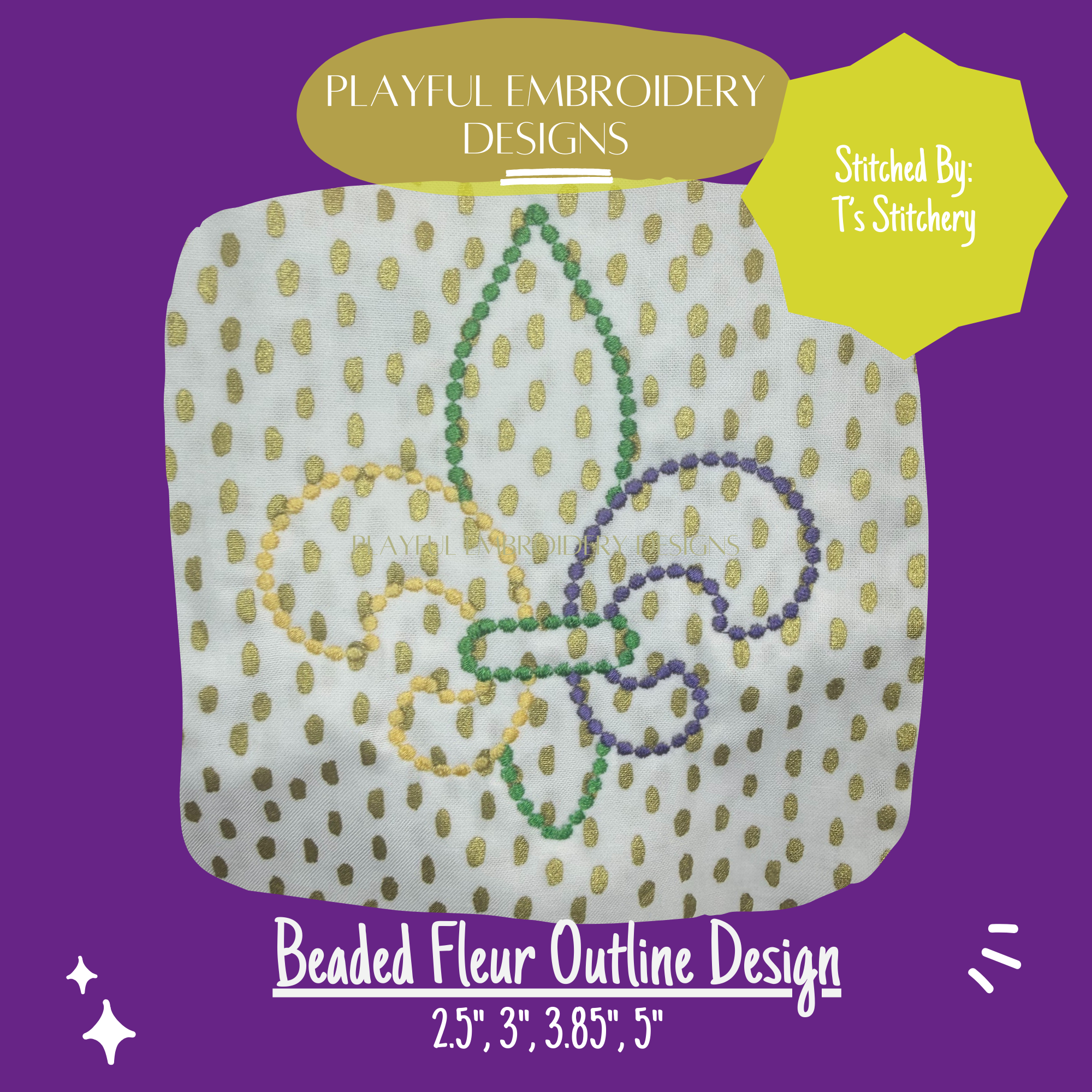 Beaded Fleur de Lis Outline Machine Embroidery Design, Three Color Fleur Embroidery Design, Mardi Gras Fleur Design (Digital Download)