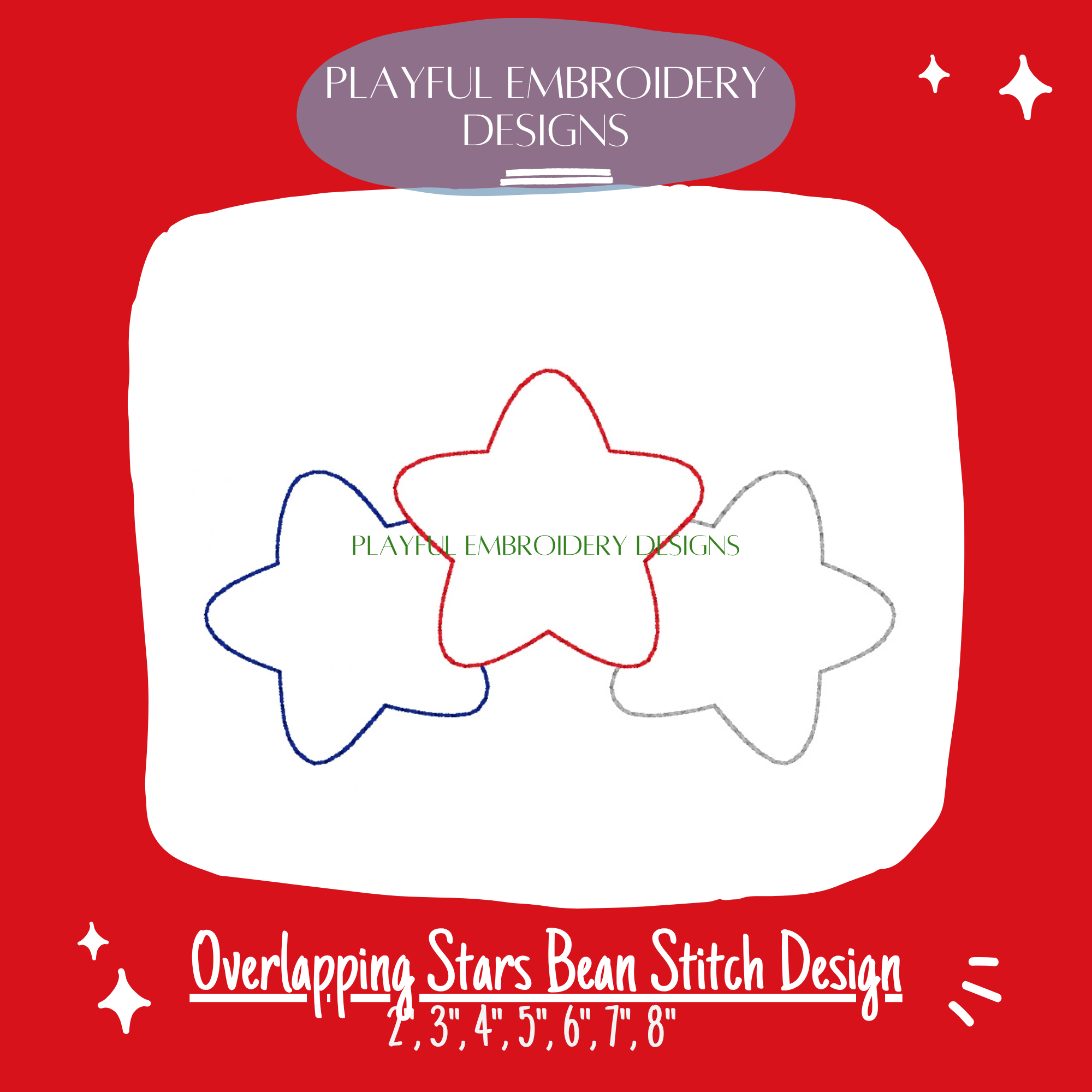 Overlapping Star Trio Bean Stitch Machine Embroidery Design, Quick Stitching Patriotic Design (Digital File)