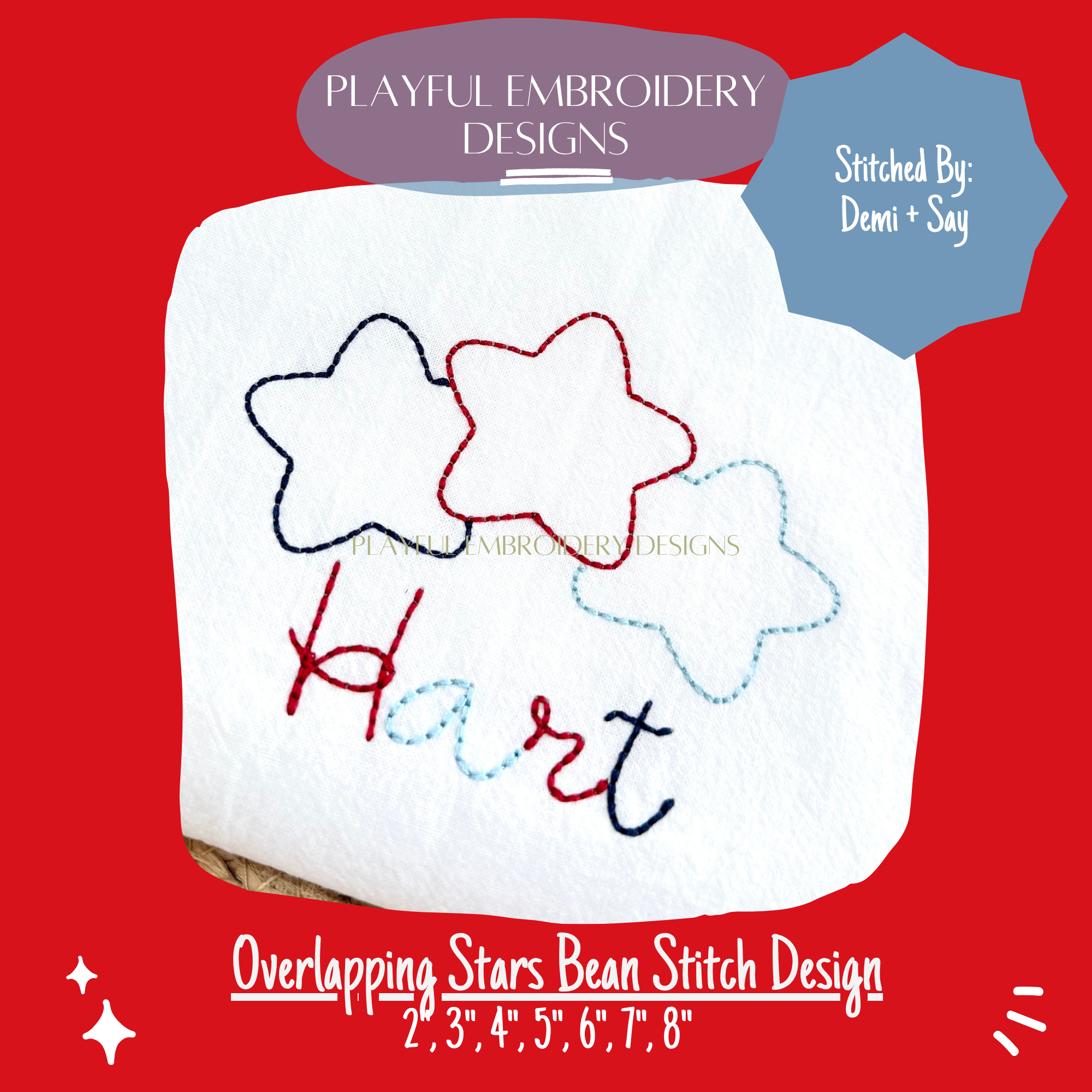 Overlapping Star Trio Bean Stitch Machine Embroidery Design, Quick Stitching Patriotic Design (Digital File)