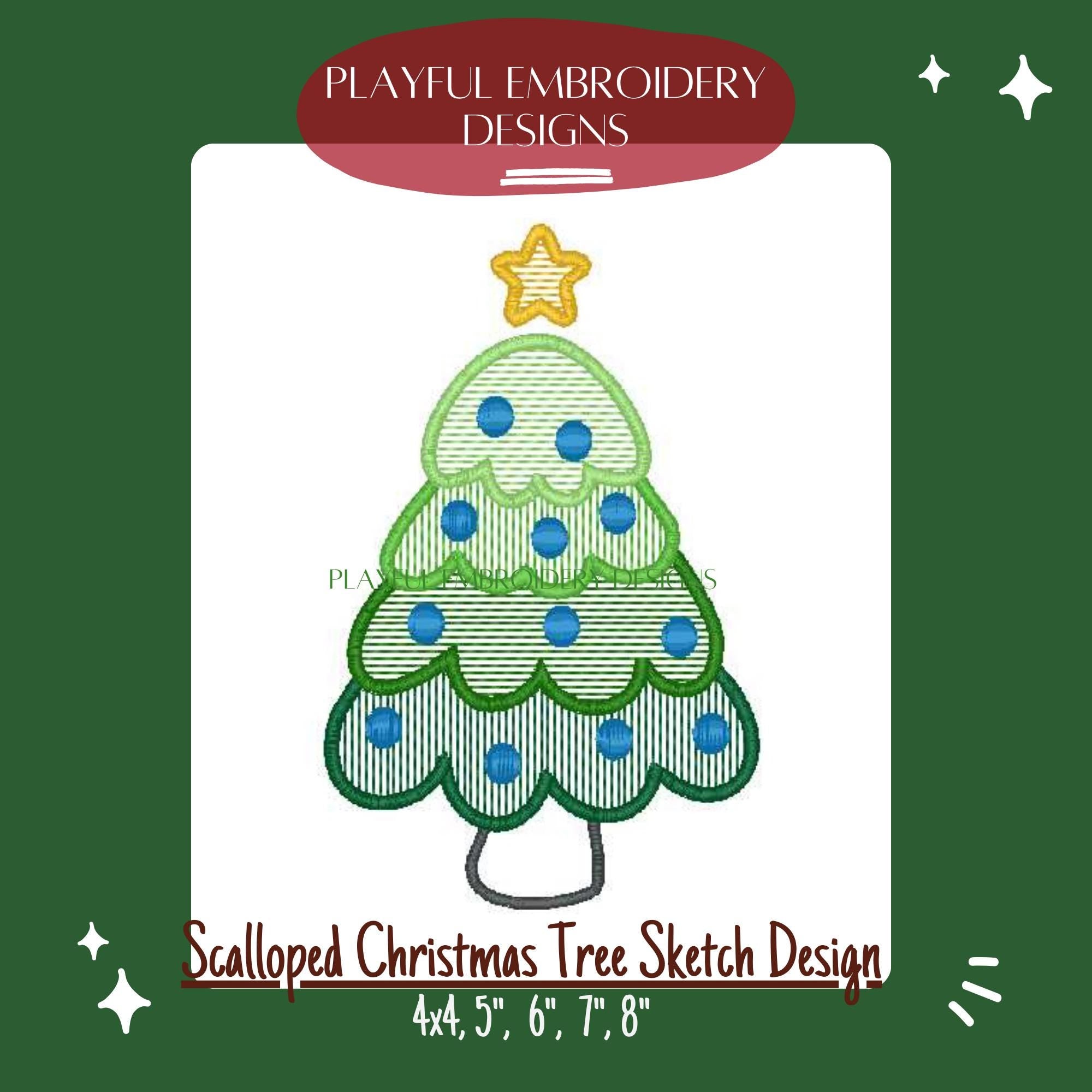 Scalloped Christmas Tree Sketch Design for Machine Embroidery, Christmas Tree Embroidery Design, Sketch Christmas Tree Design