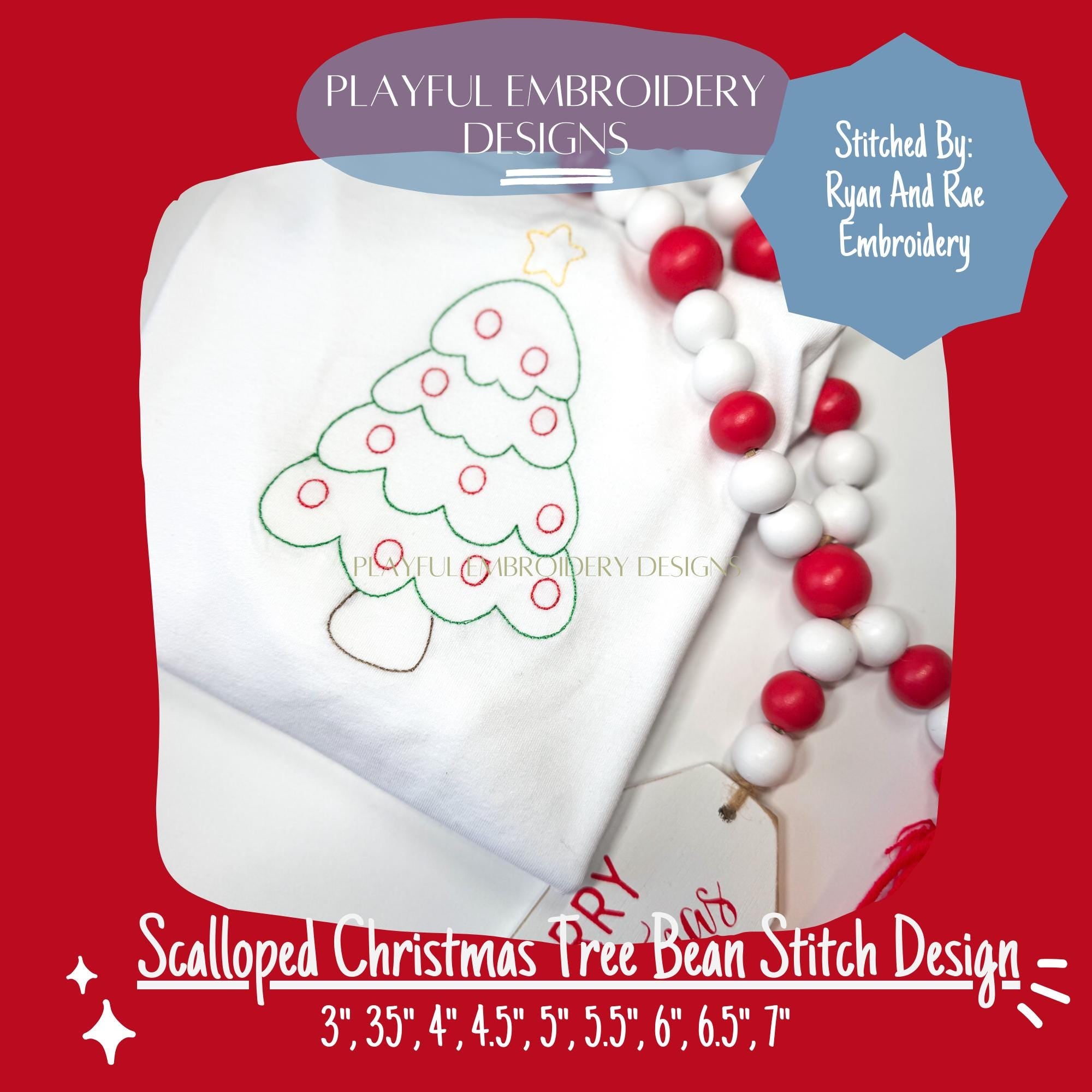 Scalloped Christmas Tree Bean Stitch Design for Machine Embroidery, Christmas Tree Embroidery Design, Quick Stitch Christmas Tree Design