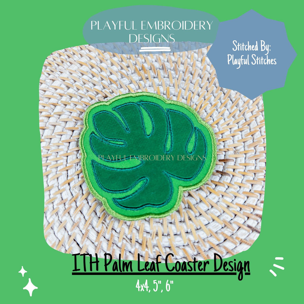 In The Hoop Palm Leaf Coaster Design for Machine Embroidery, ITH Cocktail Napkin Design, Monstera Leaf Coaster Design, Digital Download