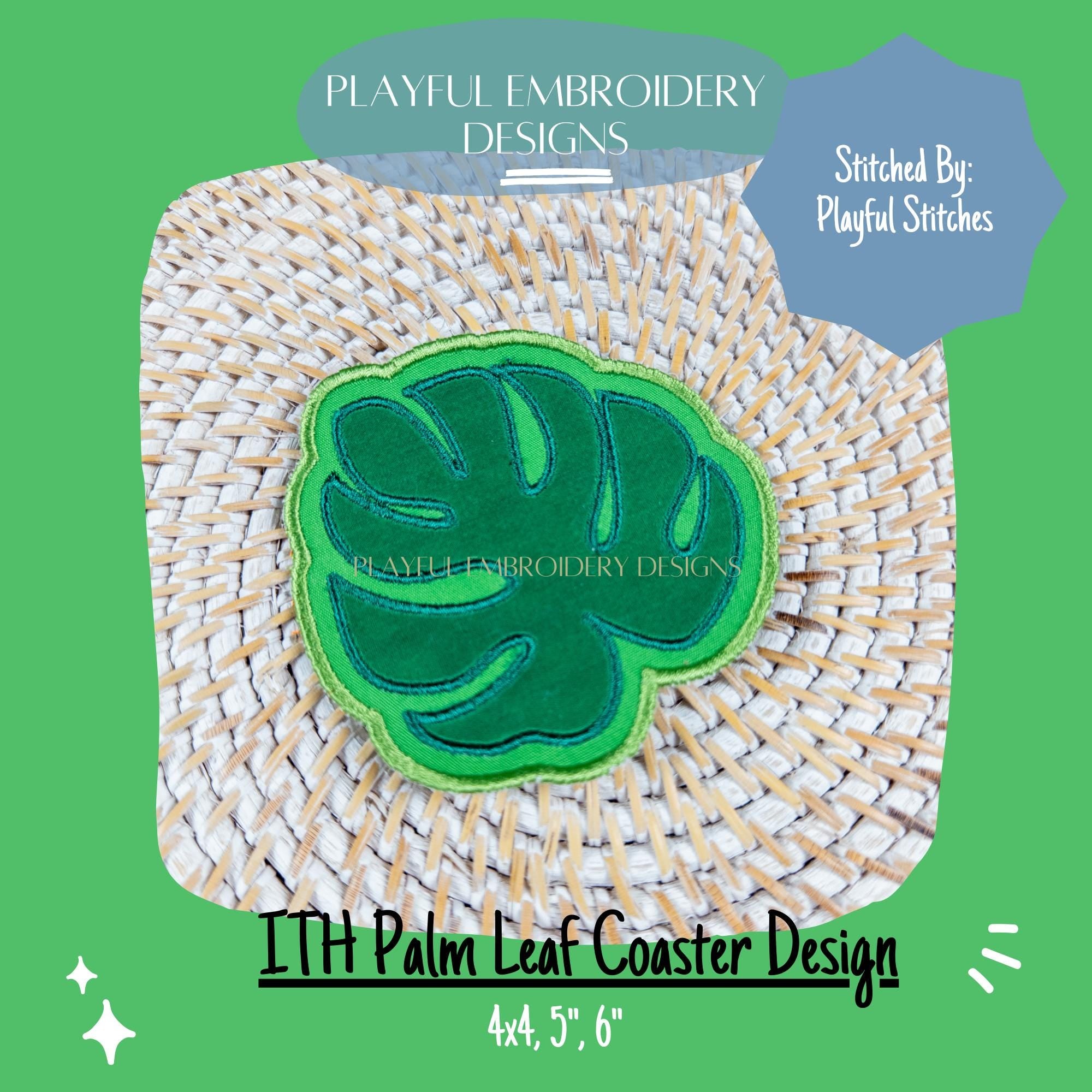 In The Hoop Palm Leaf Coaster Design for Machine Embroidery, ITH Cocktail Napkin Design, Monstera Leaf Coaster Design, Digital Download