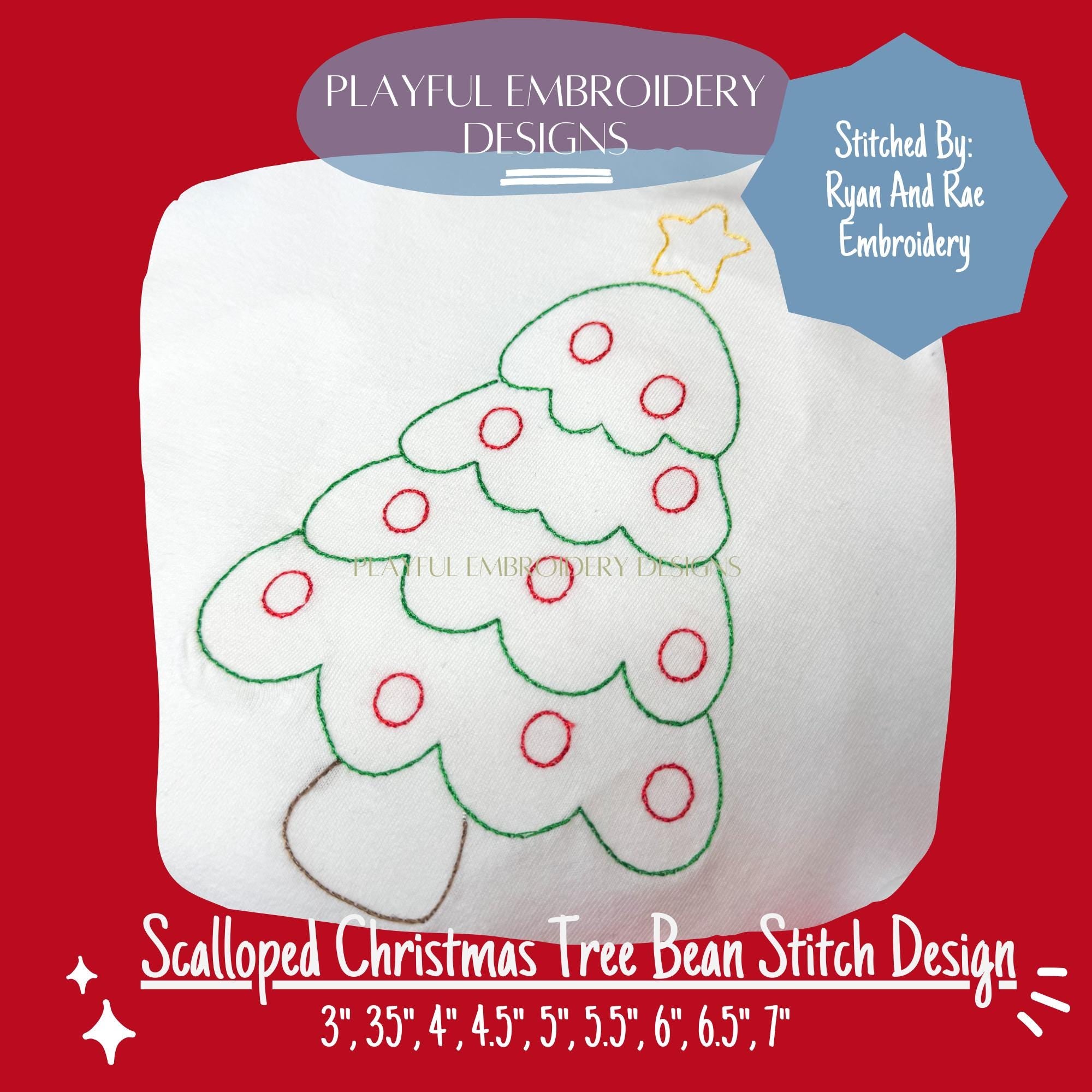 Scalloped Christmas Tree Bean Stitch Design for Machine Embroidery, Christmas Tree Embroidery Design, Quick Stitch Christmas Tree Design