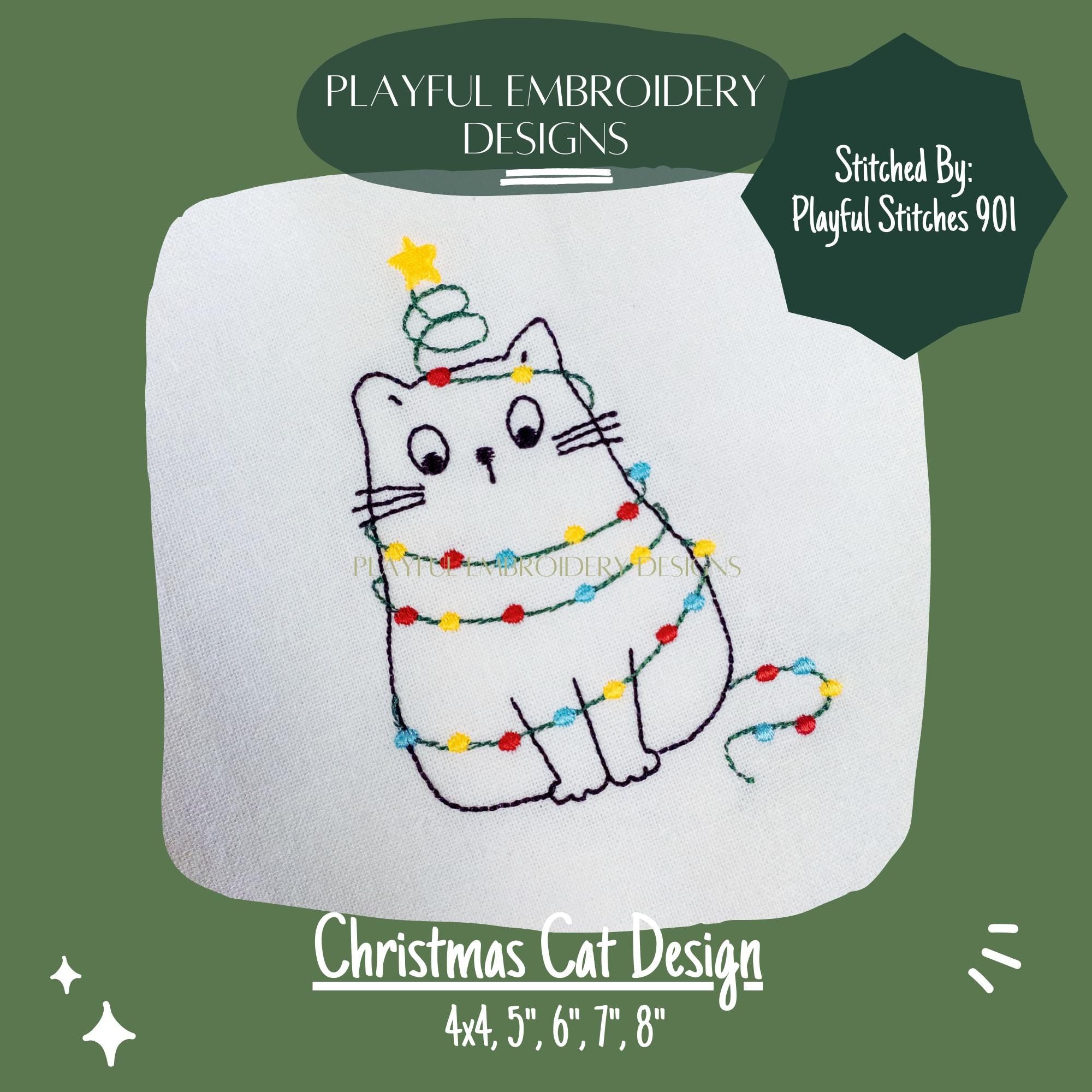 Christmas Cat Machine Embroidery Design, Cat Embroidery Design, Christmas Embroidery Design, Cat with Lights Embroidery, Digital Download