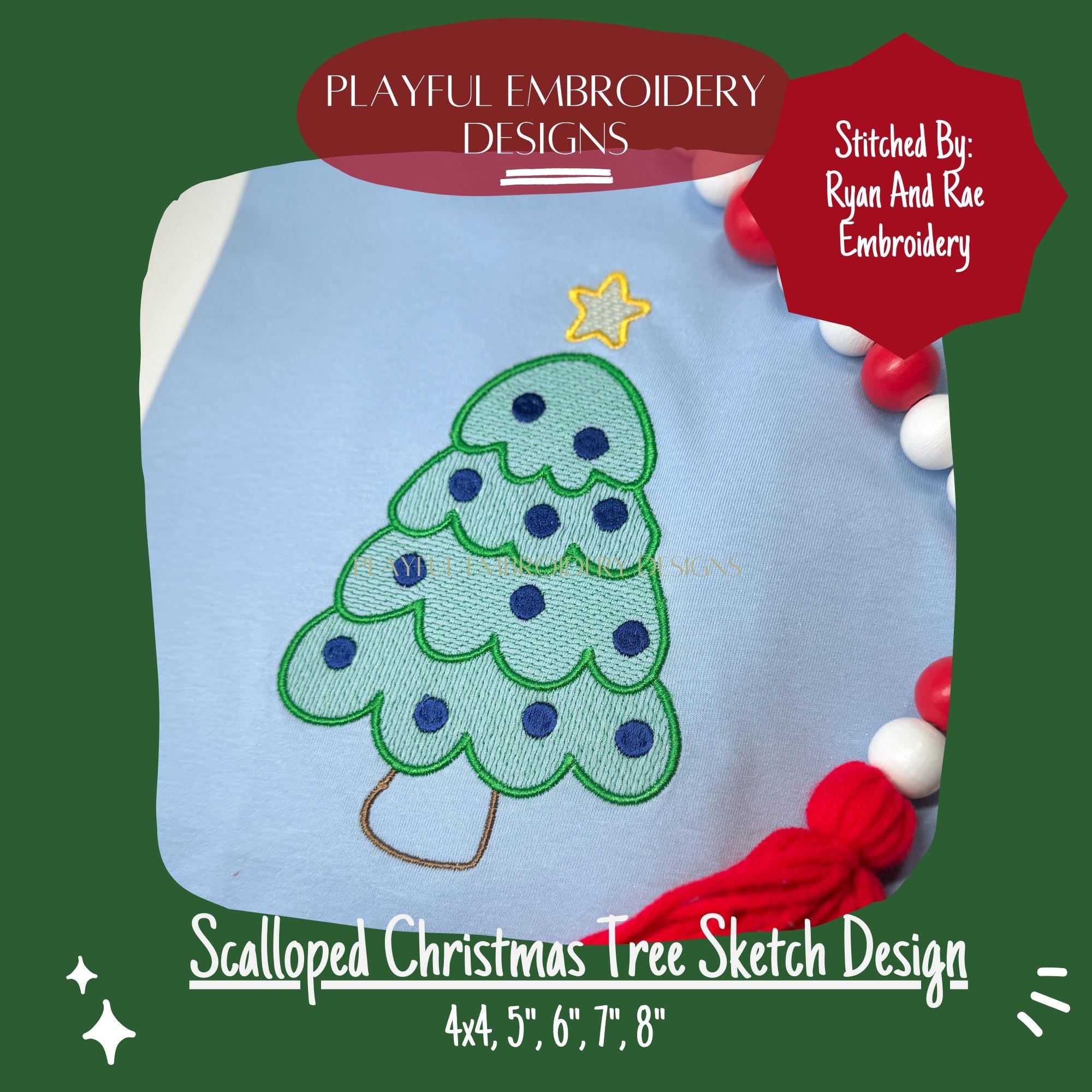 Scalloped Christmas Tree Sketch Design for Machine Embroidery, Christmas Tree Embroidery Design, Sketch Christmas Tree Design