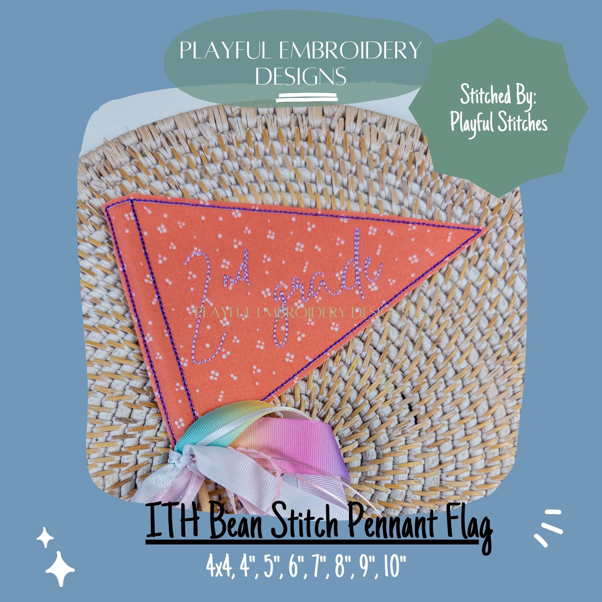 In The Hoop Bean Stitch Pennant Flag Machine Embroidery Design, Simple ITH Pennant Flag, 4x4, 5x7, 6x10, 8x8