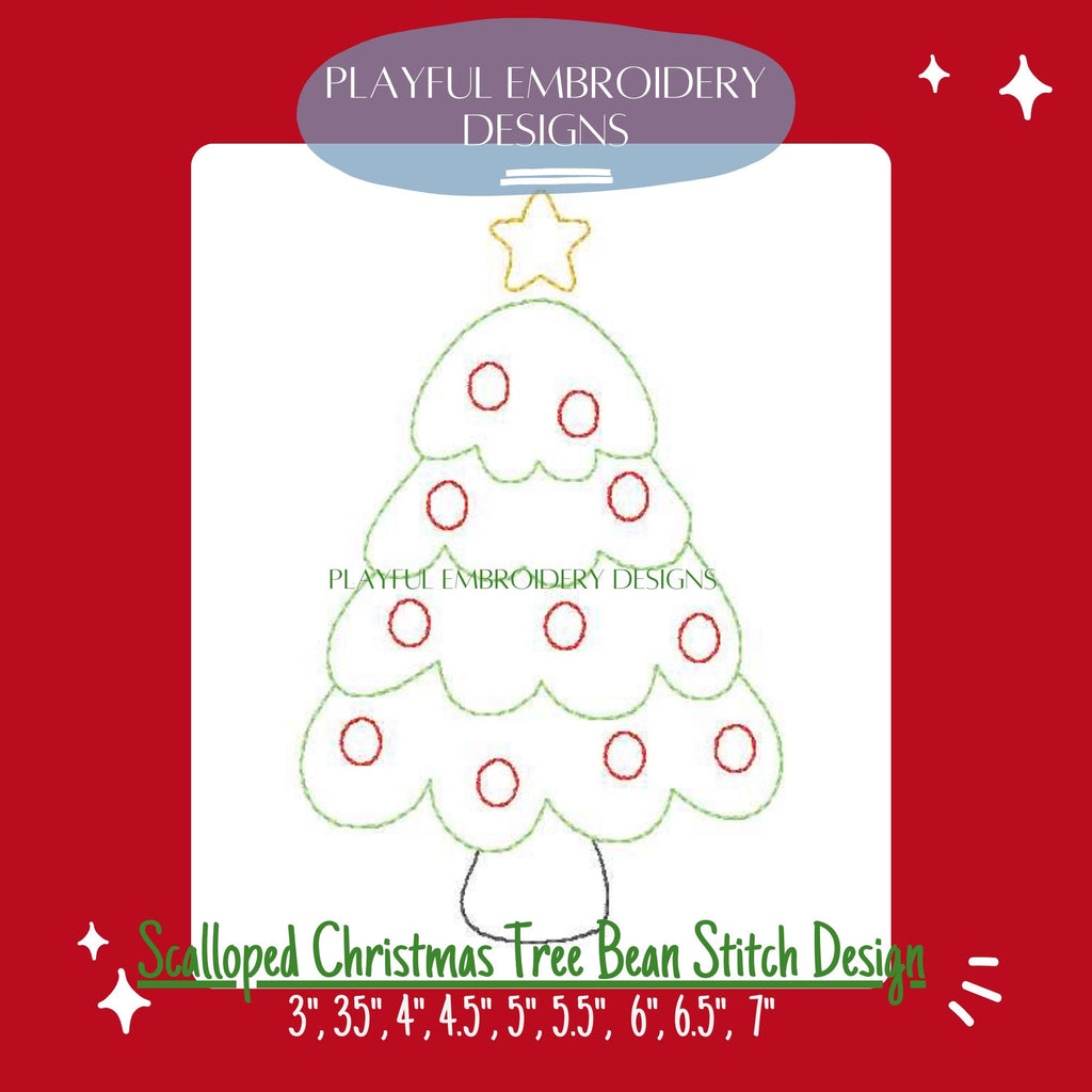 Scalloped Christmas Tree Bean Stitch Design for Machine Embroidery, Christmas Tree Embroidery Design, Quick Stitch Christmas Tree Design