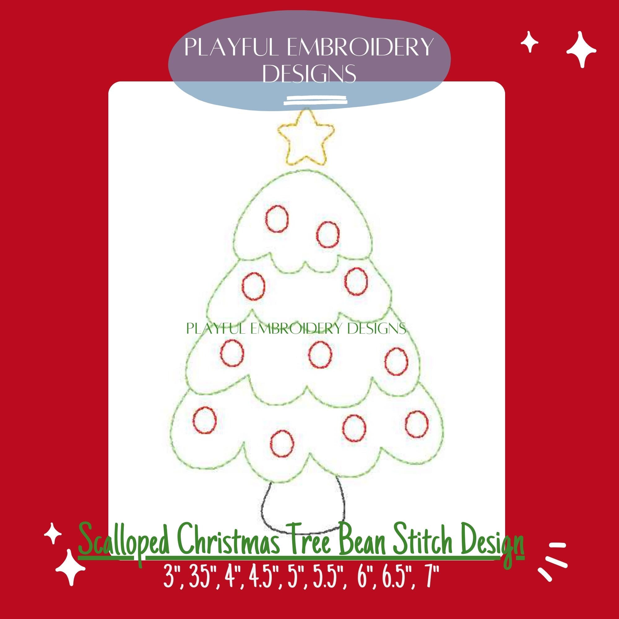 Scalloped Christmas Tree Bean Stitch Design for Machine Embroidery, Christmas Tree Embroidery Design, Quick Stitch Christmas Tree Design