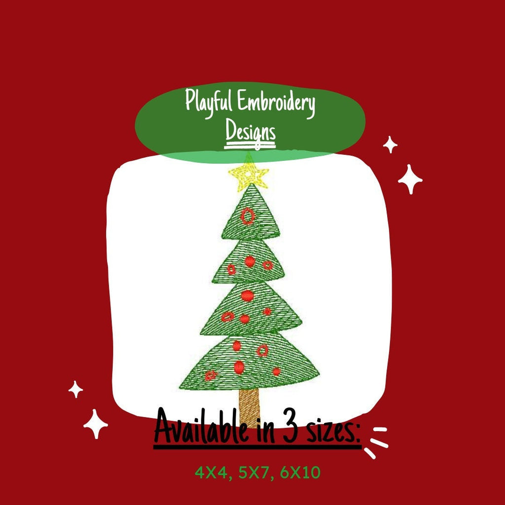 Whimsical Sketch Christmas Tree Machine Embroidery Design, 4x4, 5x7, 6x10