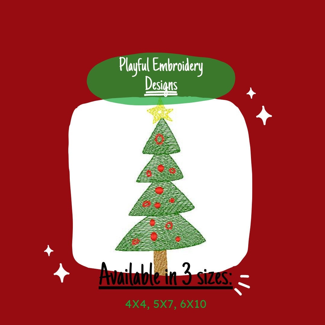 Whimsical Sketch Christmas Tree Machine Embroidery Design, 4x4, 5x7, 6x10