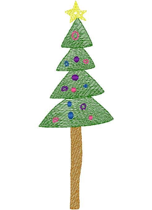 Colorful Whimsical Sketch Christmas Tree Machine Embroidery Design, 4x4, 5x7, 6x10