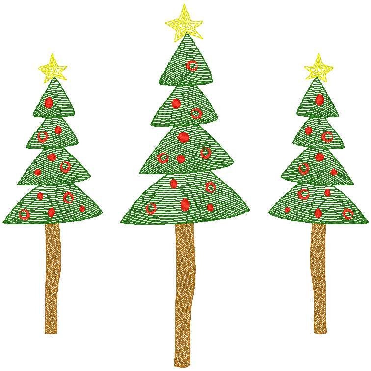 Whimsical Sketch Christmas Tree Trio Machine Embroidery Design, 5x7, 6x10, 8x8