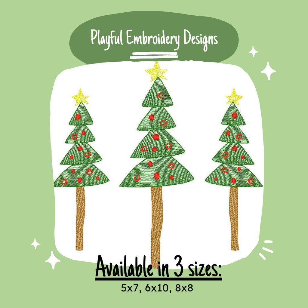 Whimsical Sketch Christmas Tree Trio Machine Embroidery Design, 5x7, 6x10, 8x8